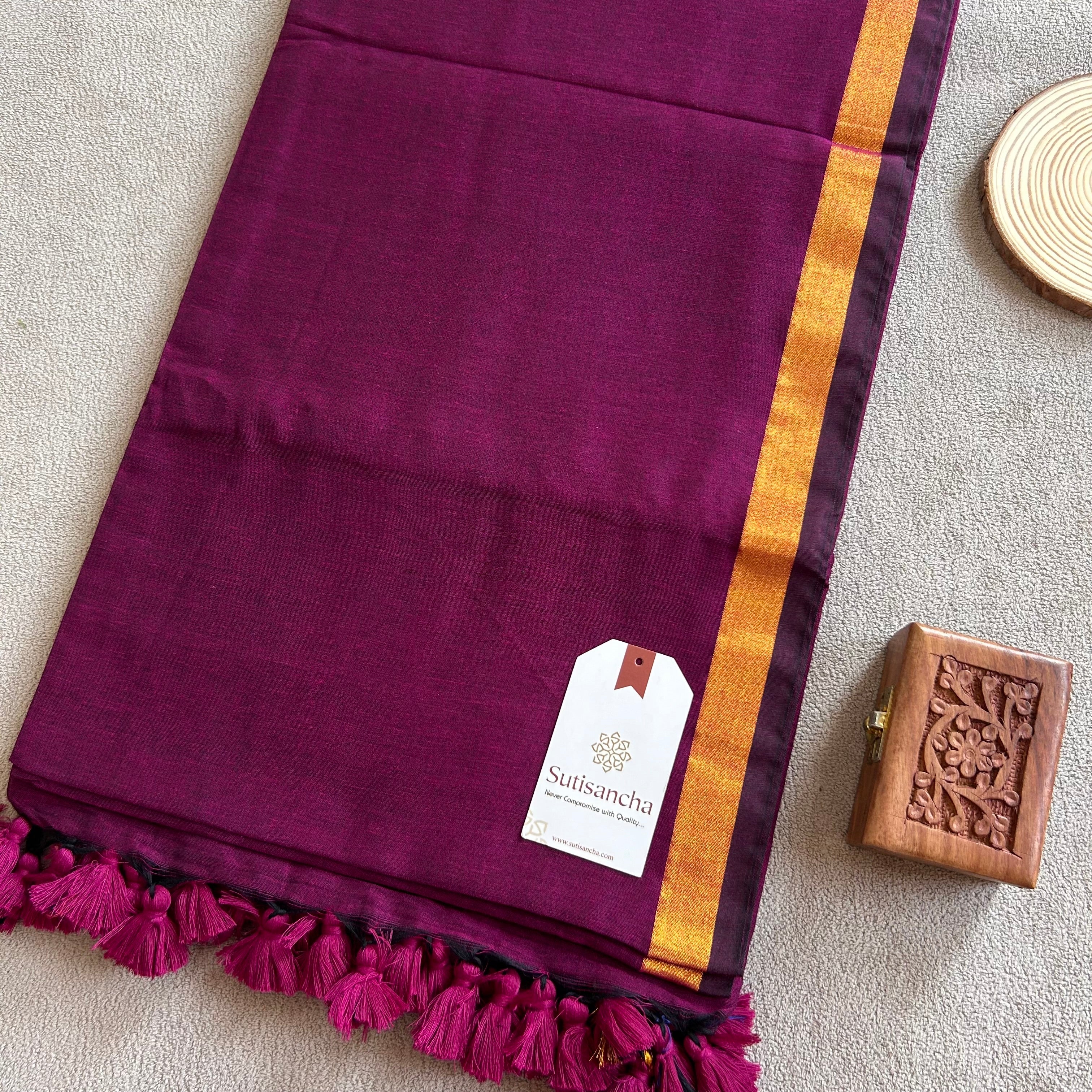 Traditional Magenta Cotton Saree with Golden Zari Edging