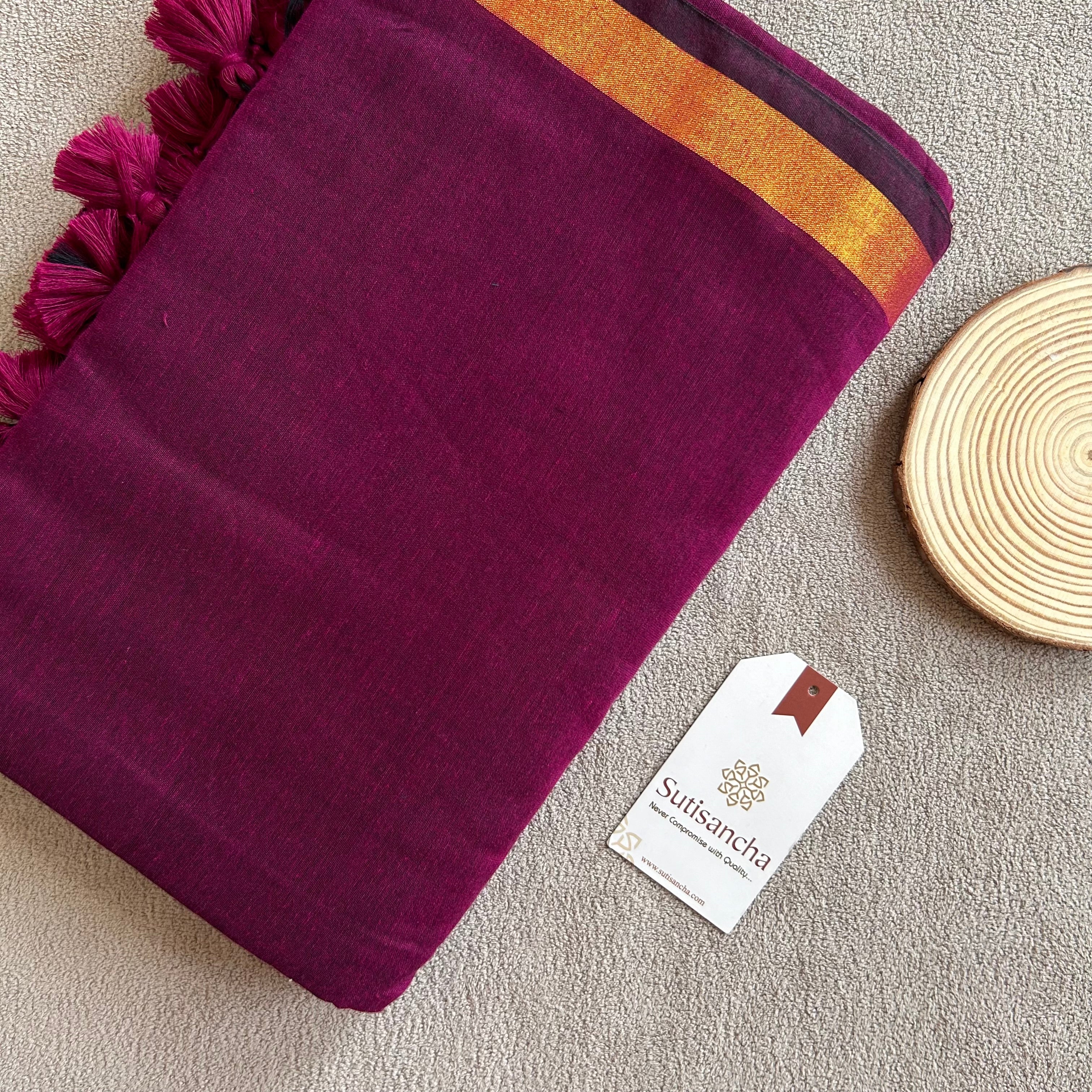 Traditional Magenta Cotton Saree with Golden Zari Edging
