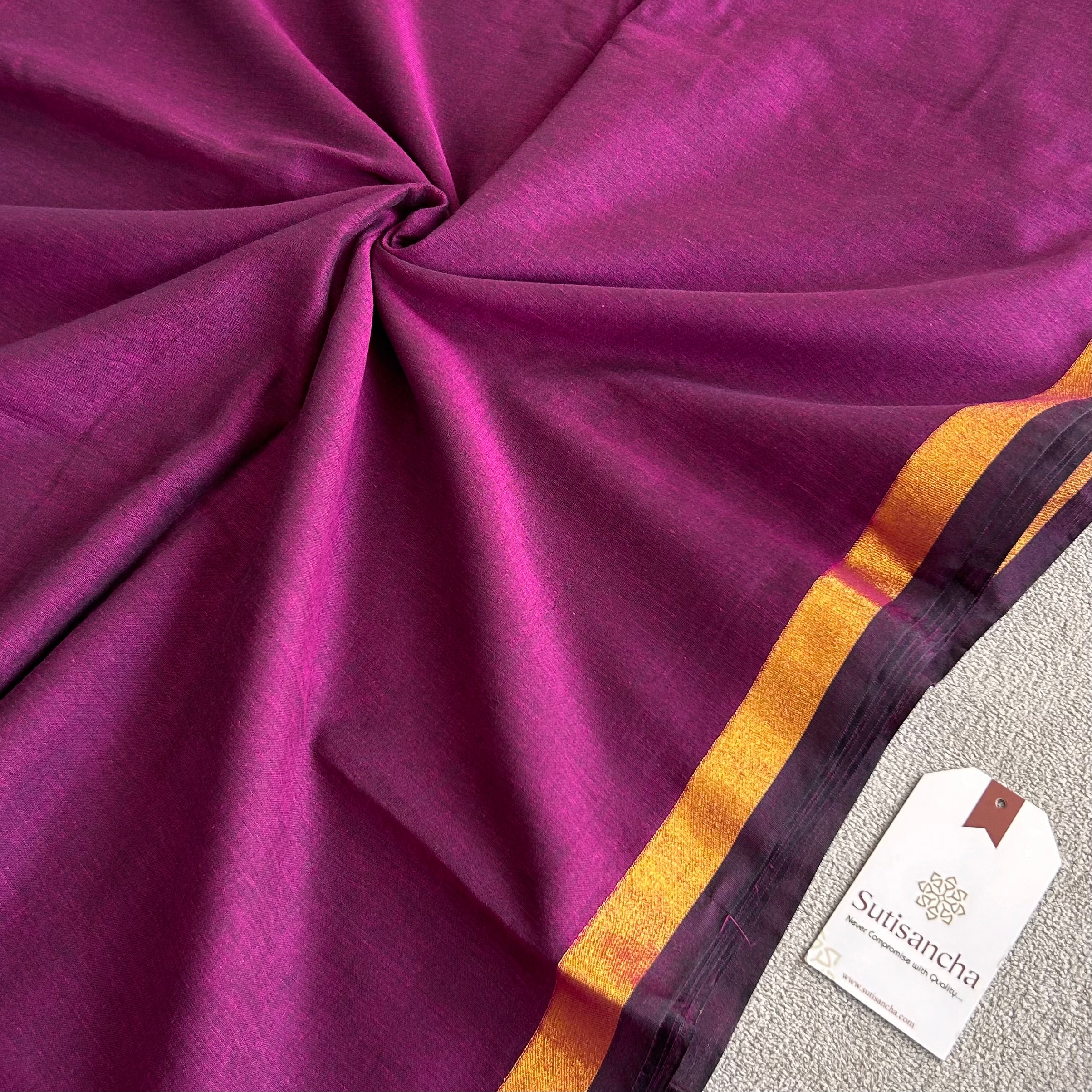 Traditional Magenta Cotton Saree with Golden Zari Edging