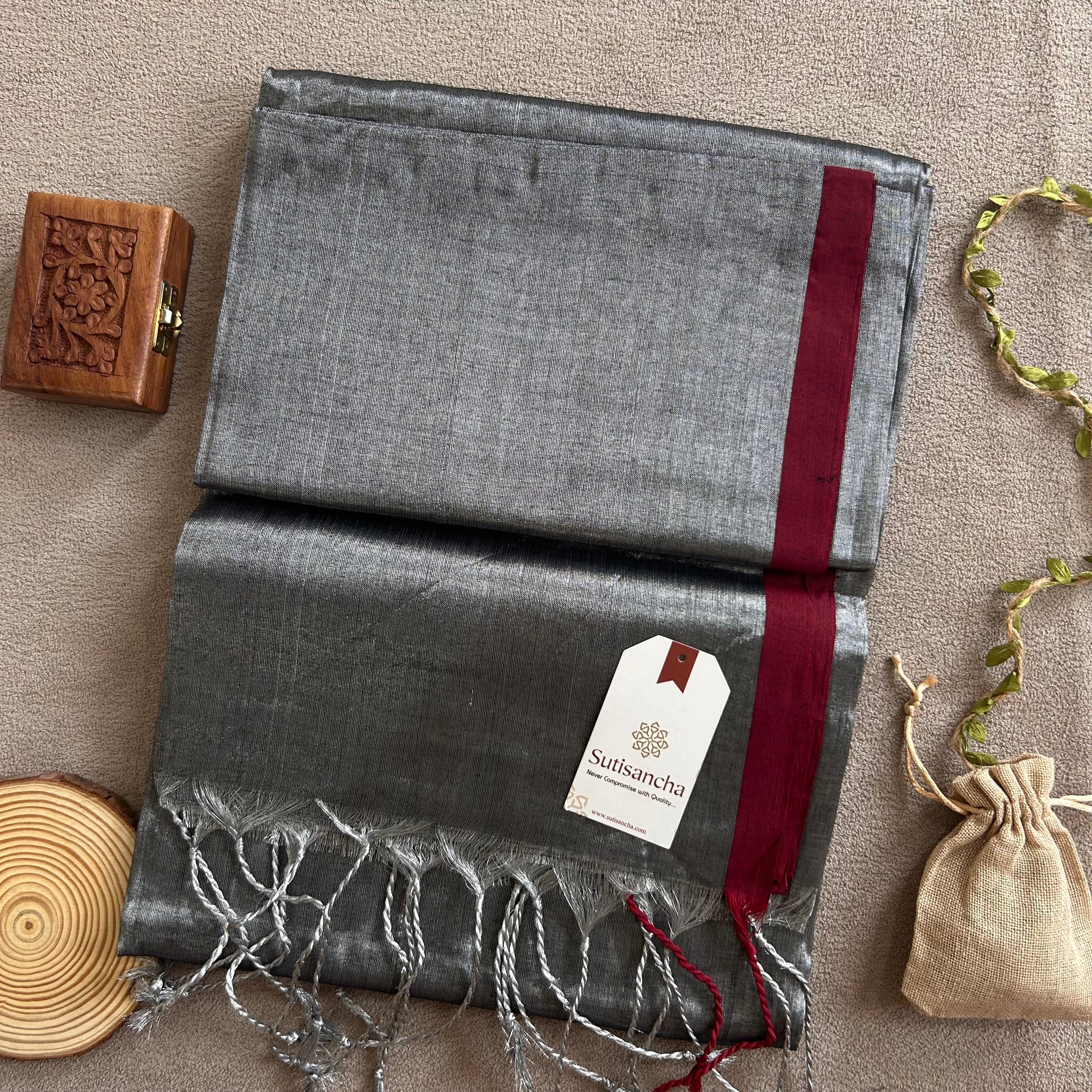 Sutisancha Grey Handloom Tissue Saree