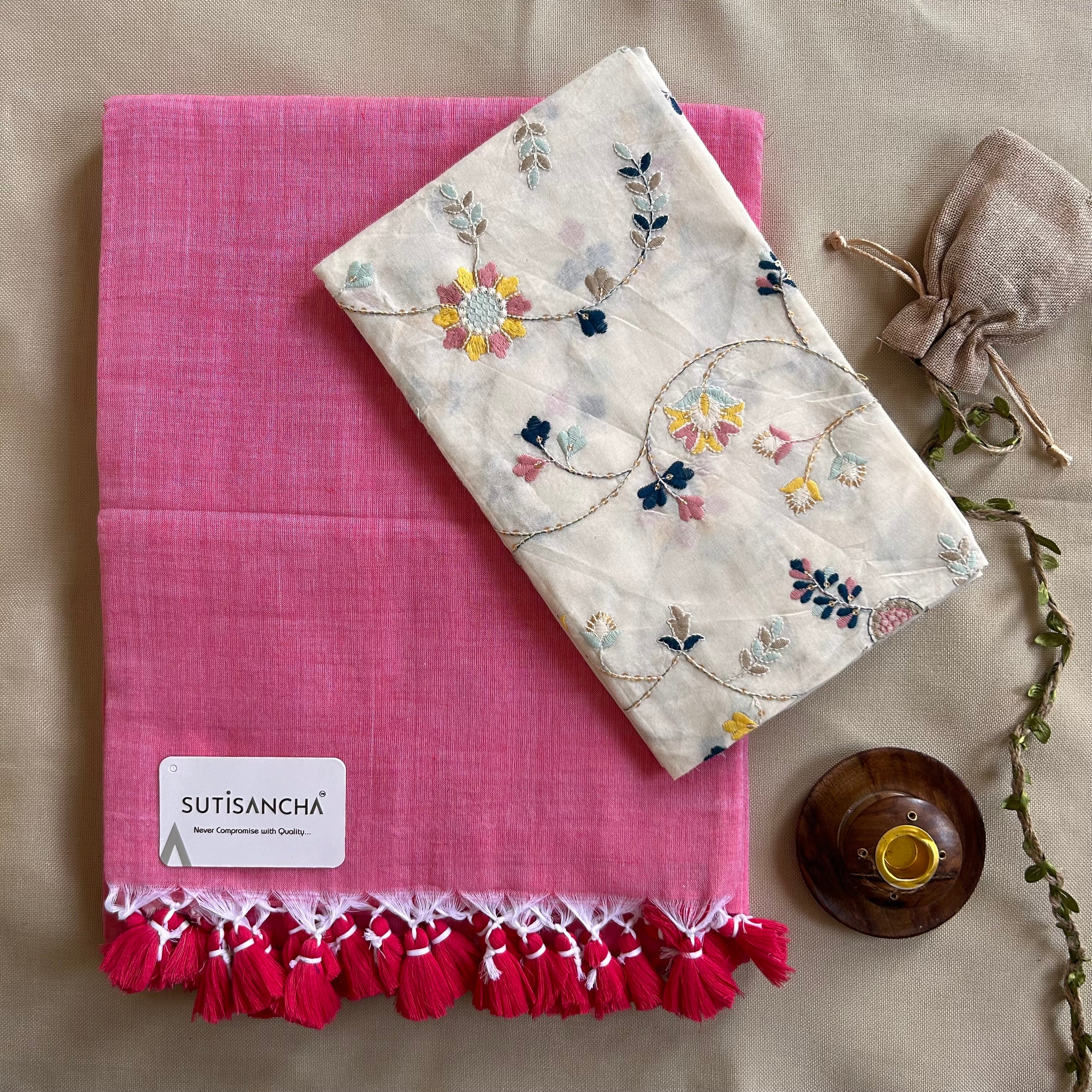 Sutisancha Peach Handloom Cotton Saree with Designer work Blouse