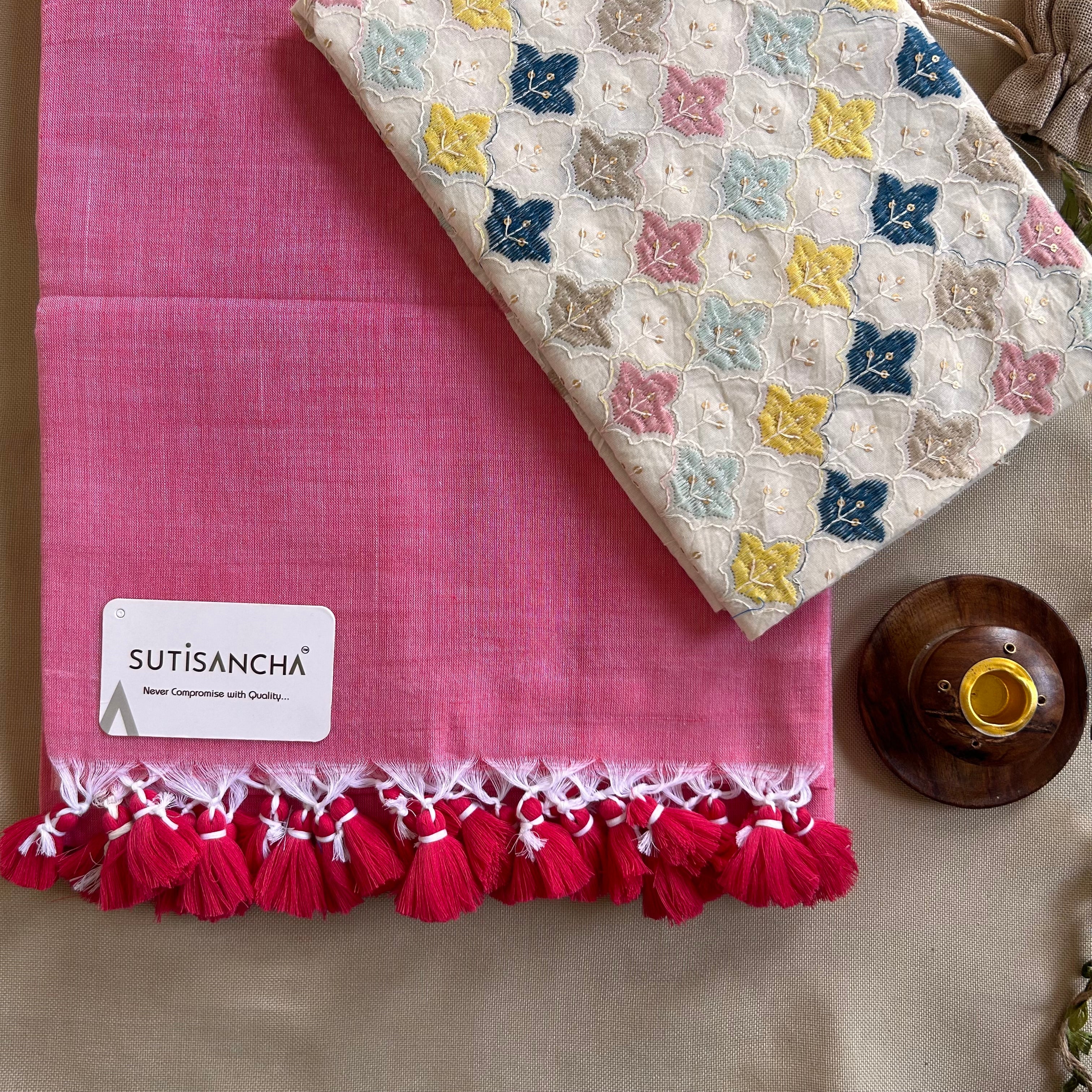 Sutisancha Peach Handloom Cotton Saree with Designer Blouse