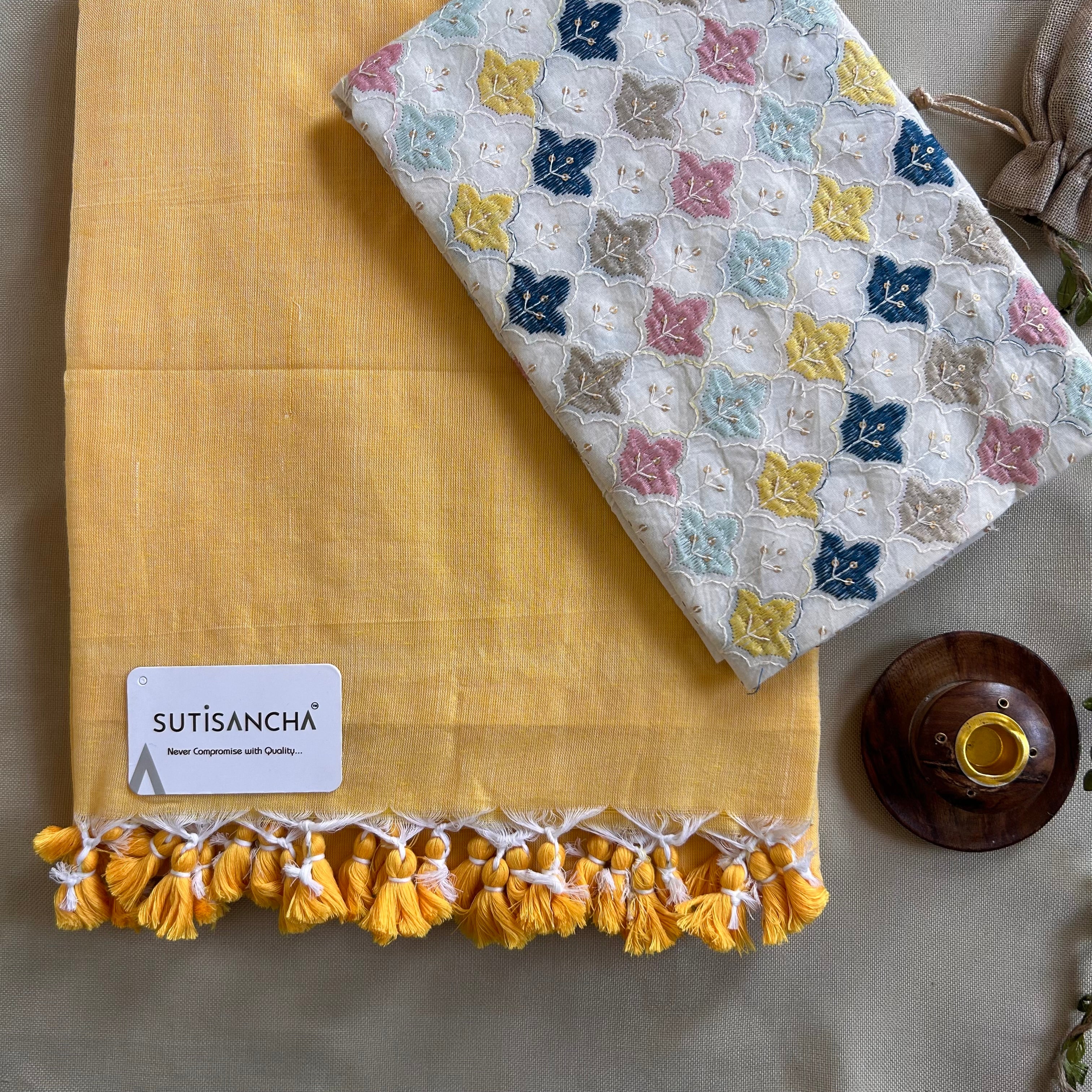Sutisancha Yellow Handloom Cotton Saree with Designer Work Blouse