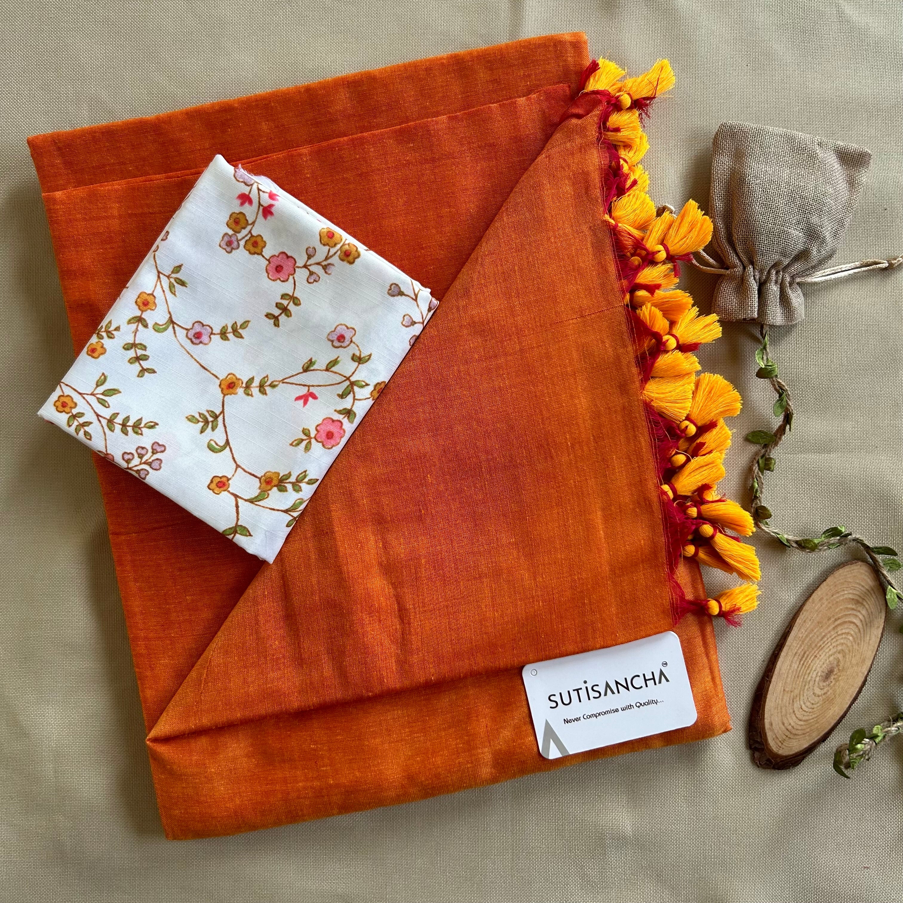 Sutisancha Orange Handloom Cotton Saree & Designer Blouse