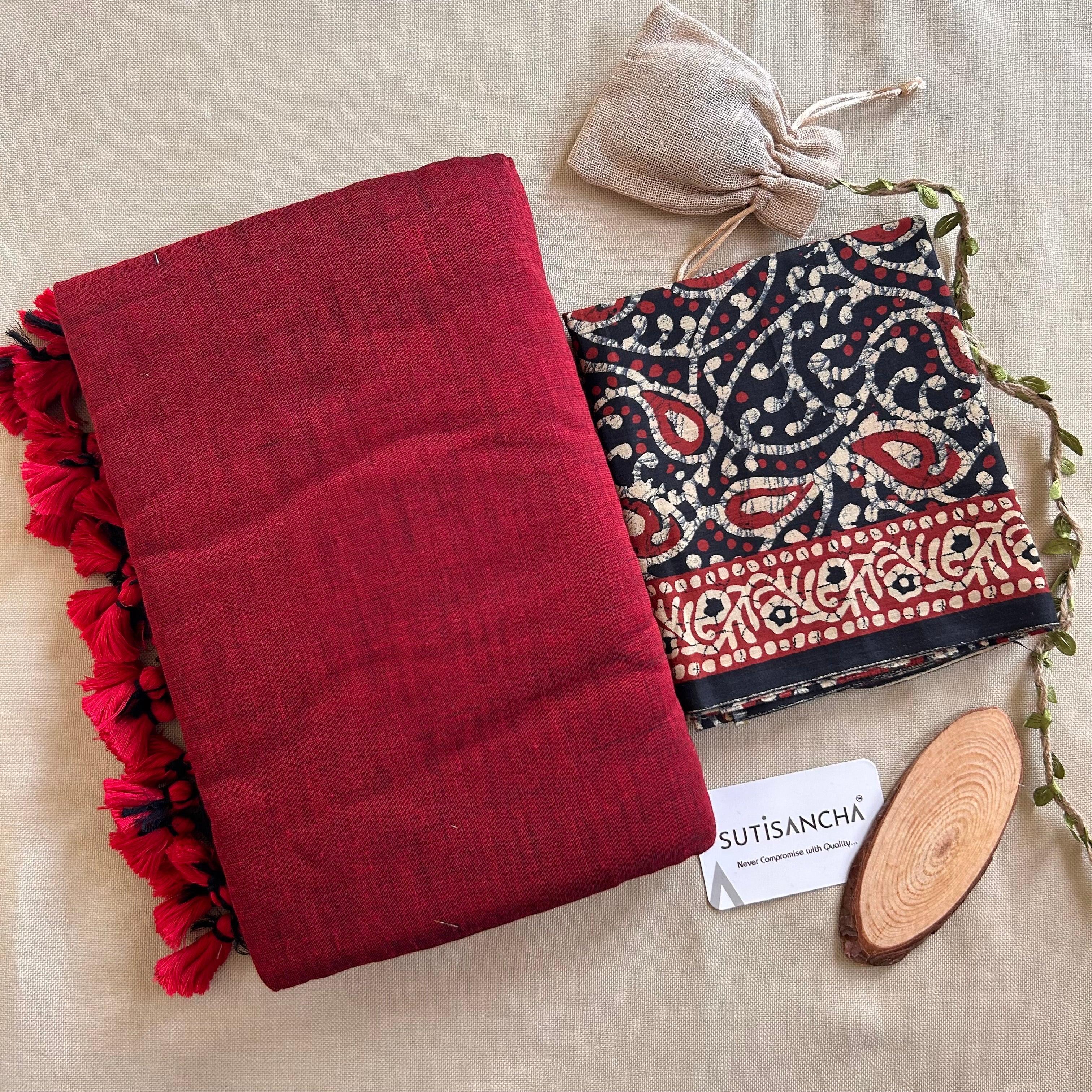 Sutisancha RustRed Handloom Cotton Saree & Designer Blouse