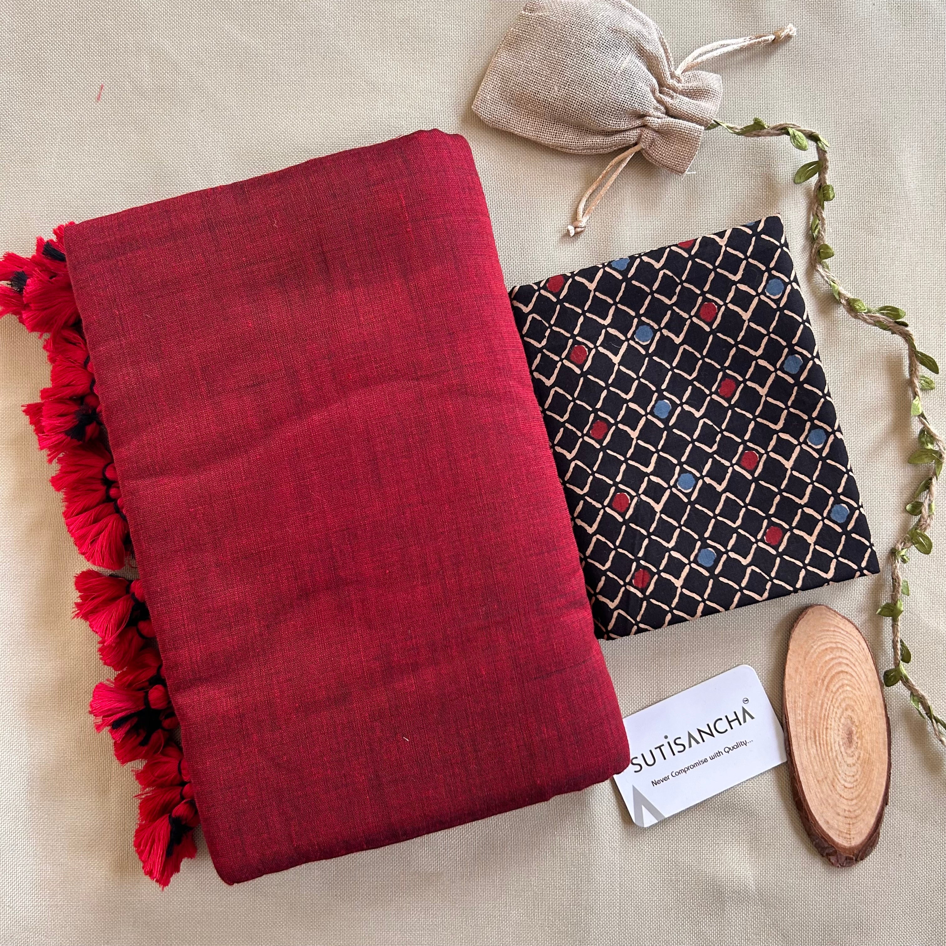 Sutisancha RustRed Handloom Cotton Saree & Designer Blouse