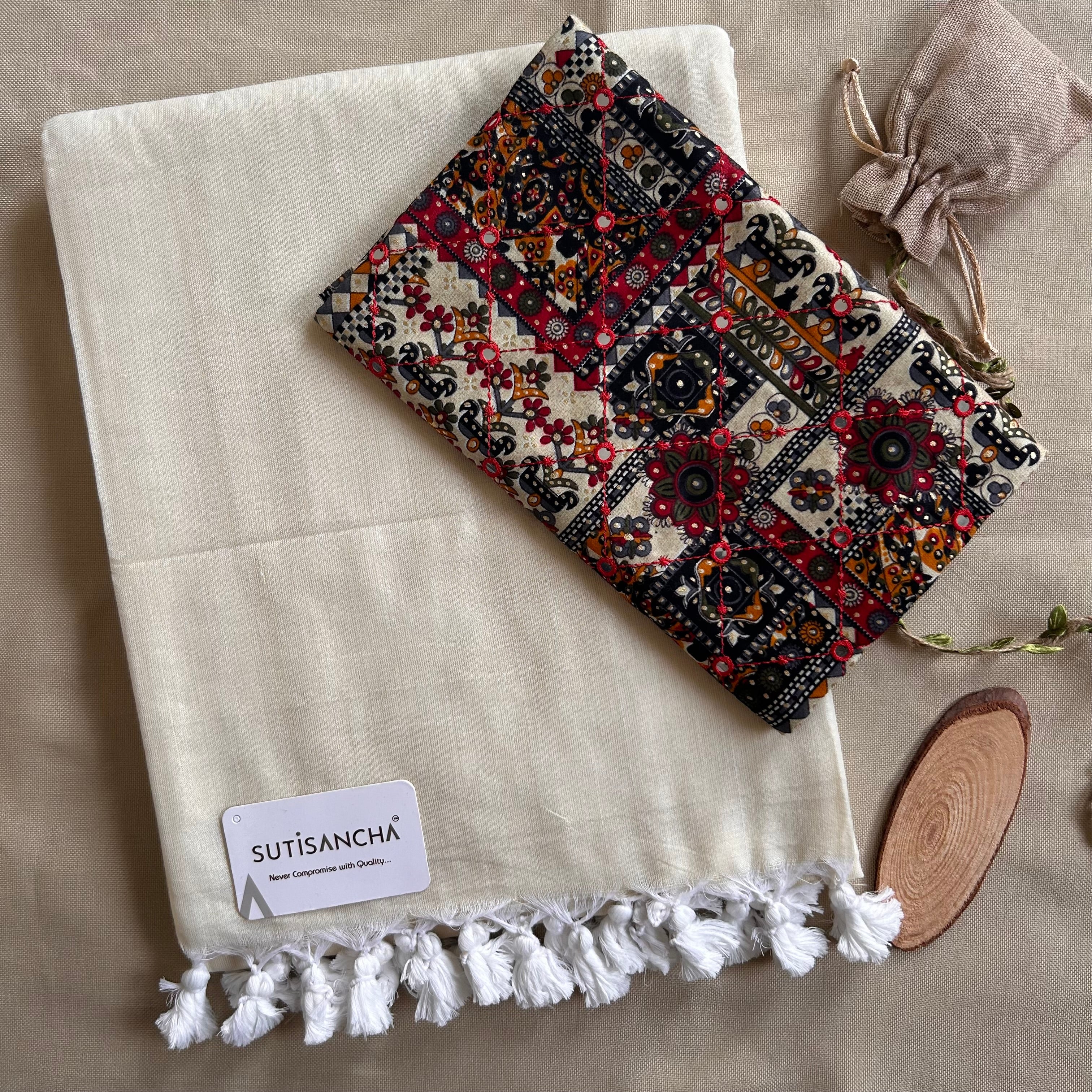 Sutisancha Offwhite Handloom Cotton Saree with Designer Blouse