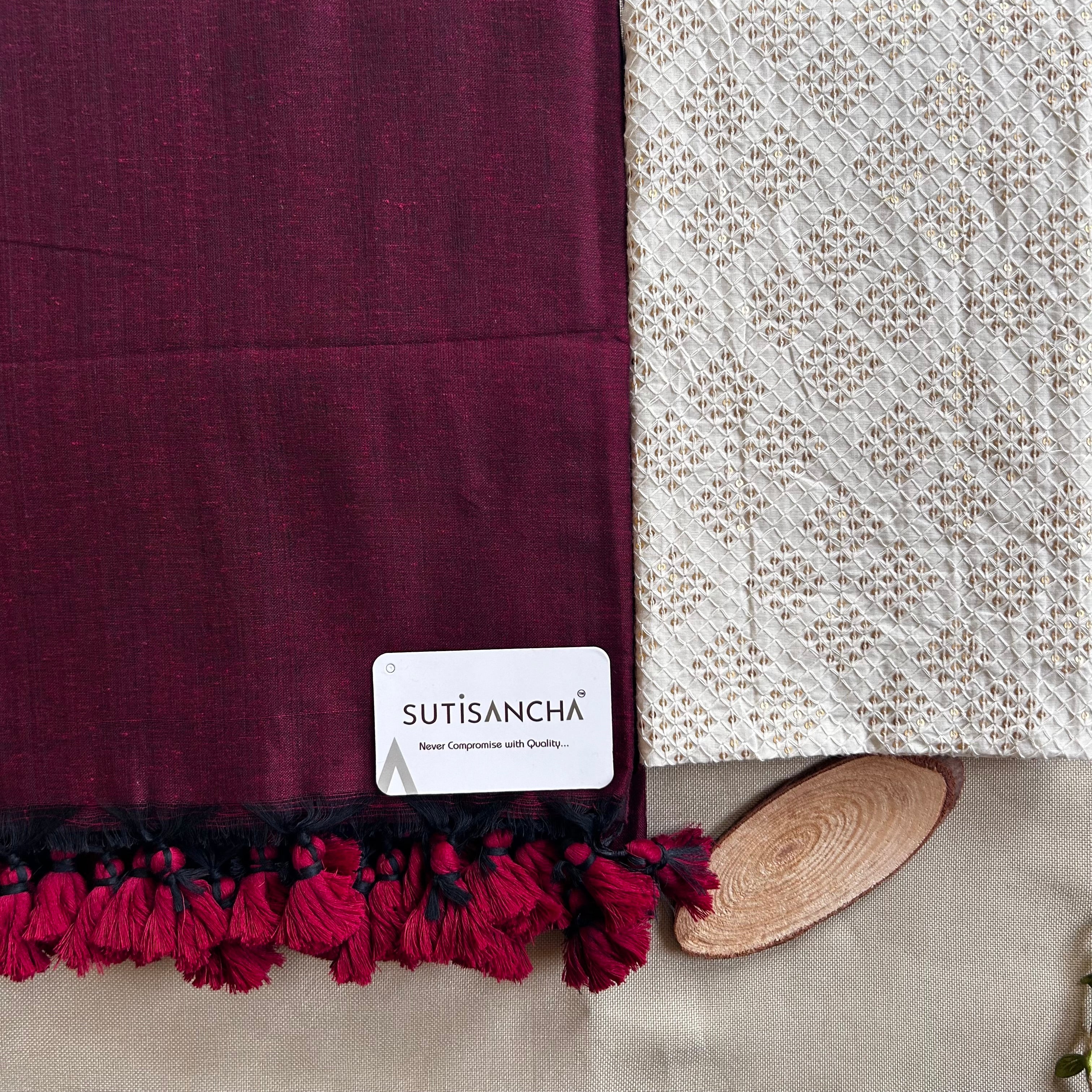 Sutisancha Maroon Handloom Cotton Saree with designer Blouse