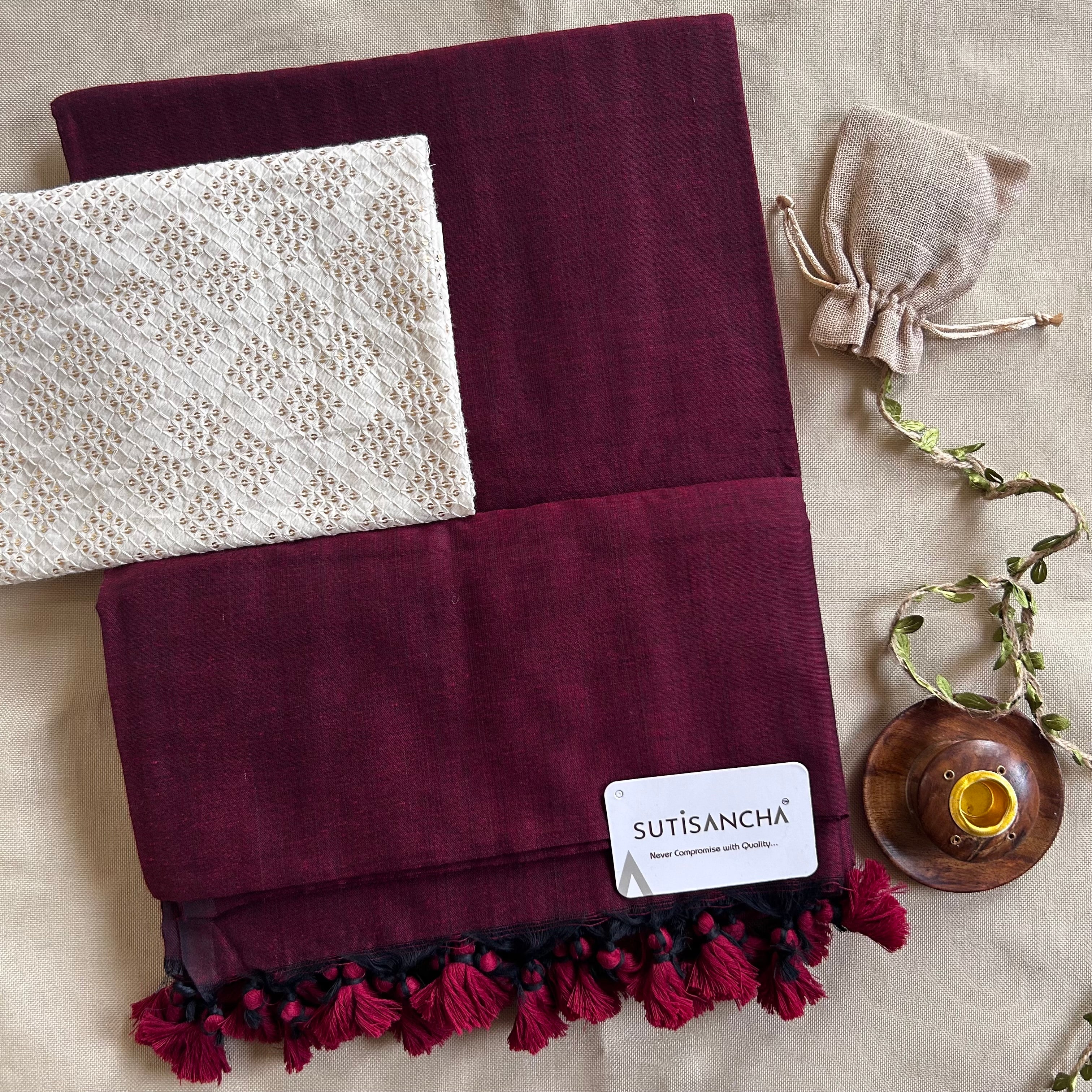 Sutisancha Maroon Handloom Cotton Saree with designer Blouse