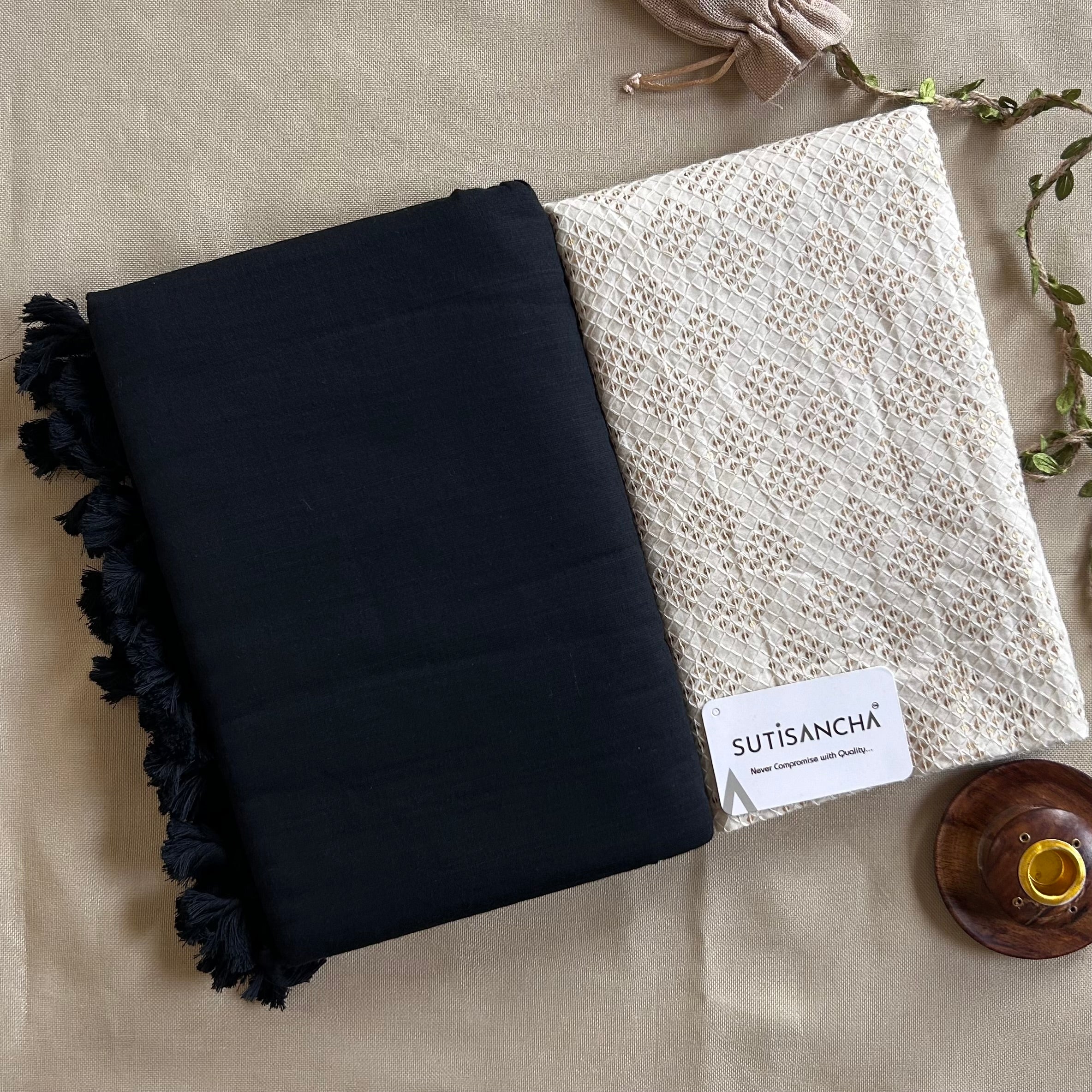 Sutisancha Black Handloom Cotton Saree with Designer Blouse