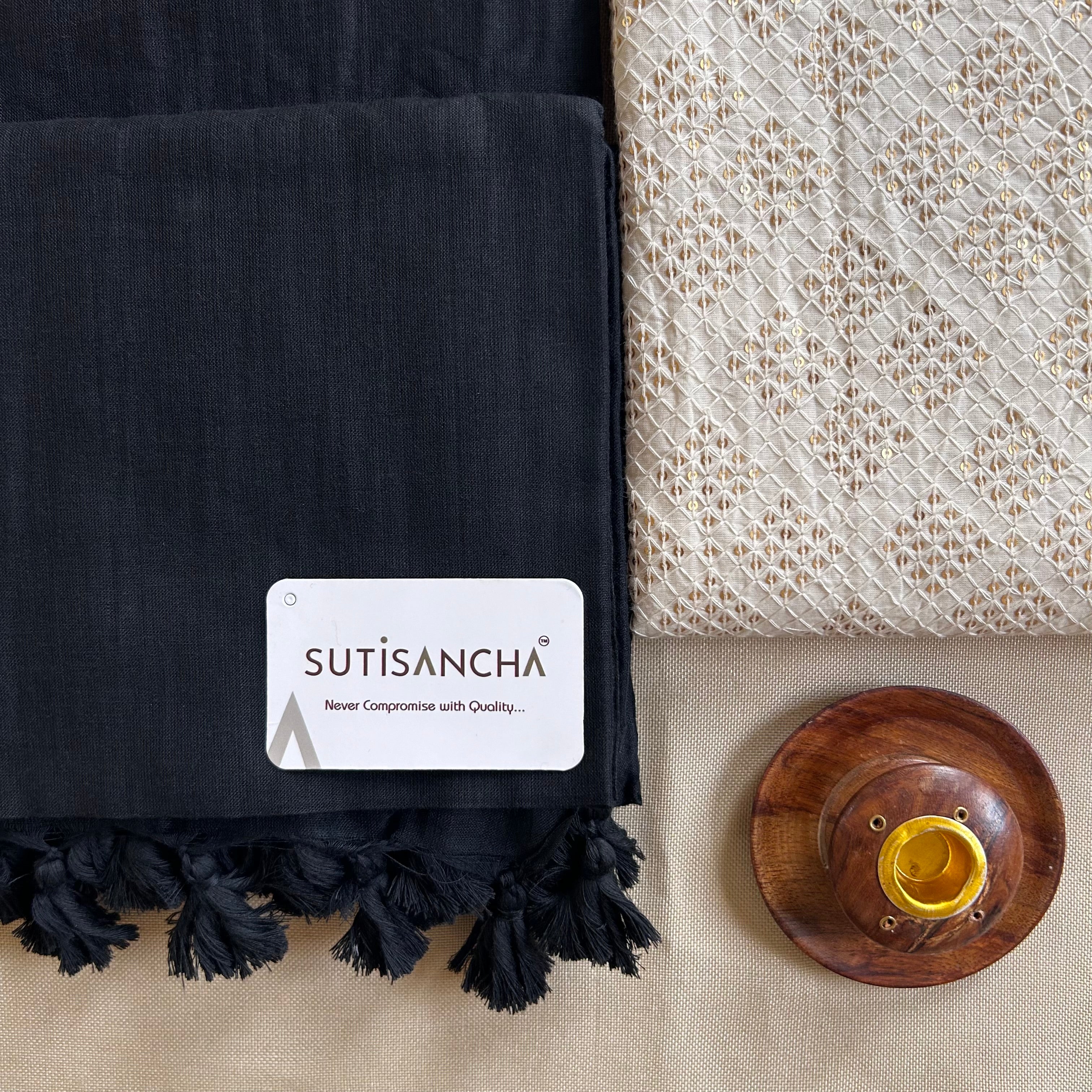 Sutisancha Black Handloom Cotton Saree with Designer Blouse