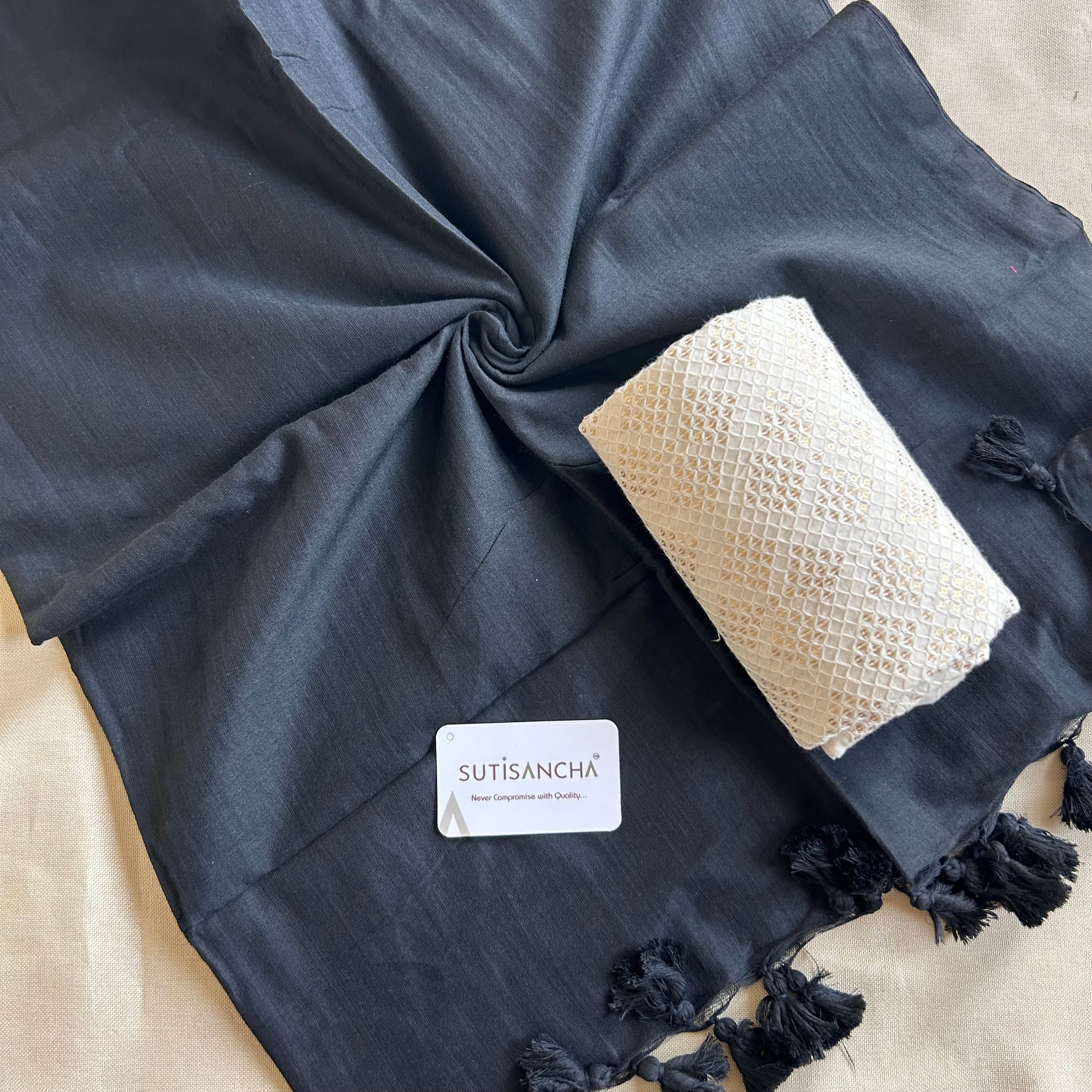 Sutisancha Black Handloom Cotton Saree with Designer Blouse