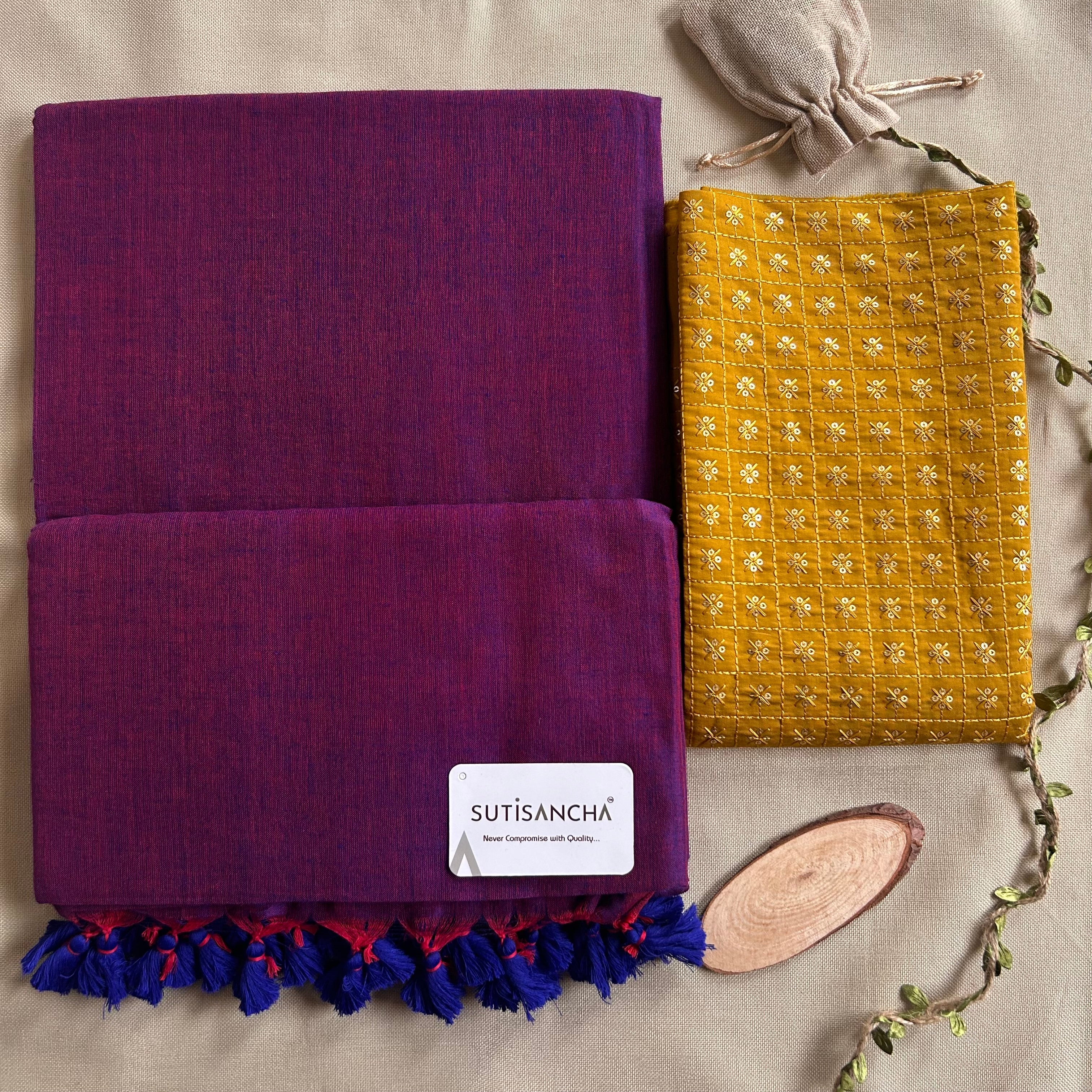 Sutisancha Plum purple cotton Saree designer work Blouse