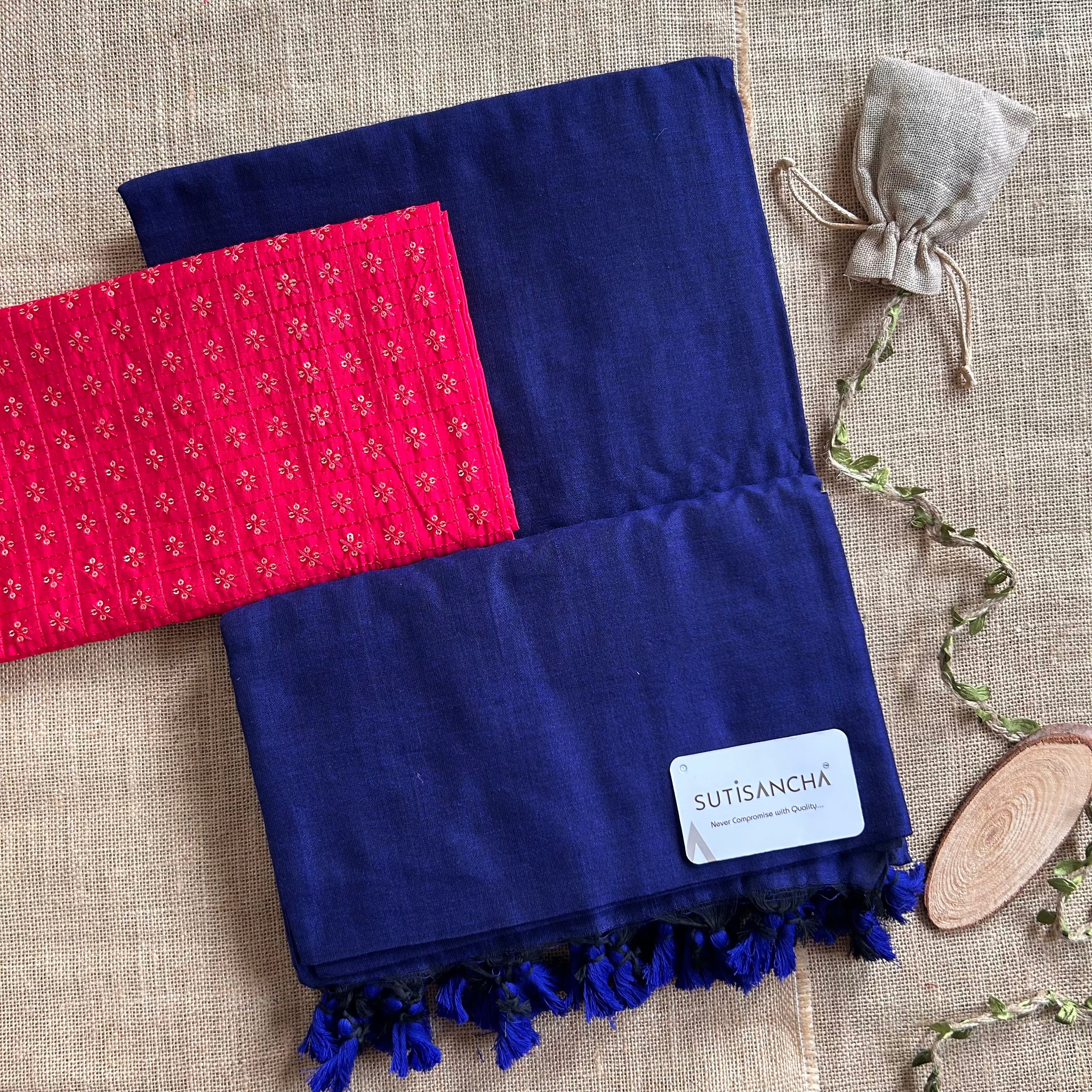Sutisancha Royalblue Handloom Cotton Saree with Designer Blouse