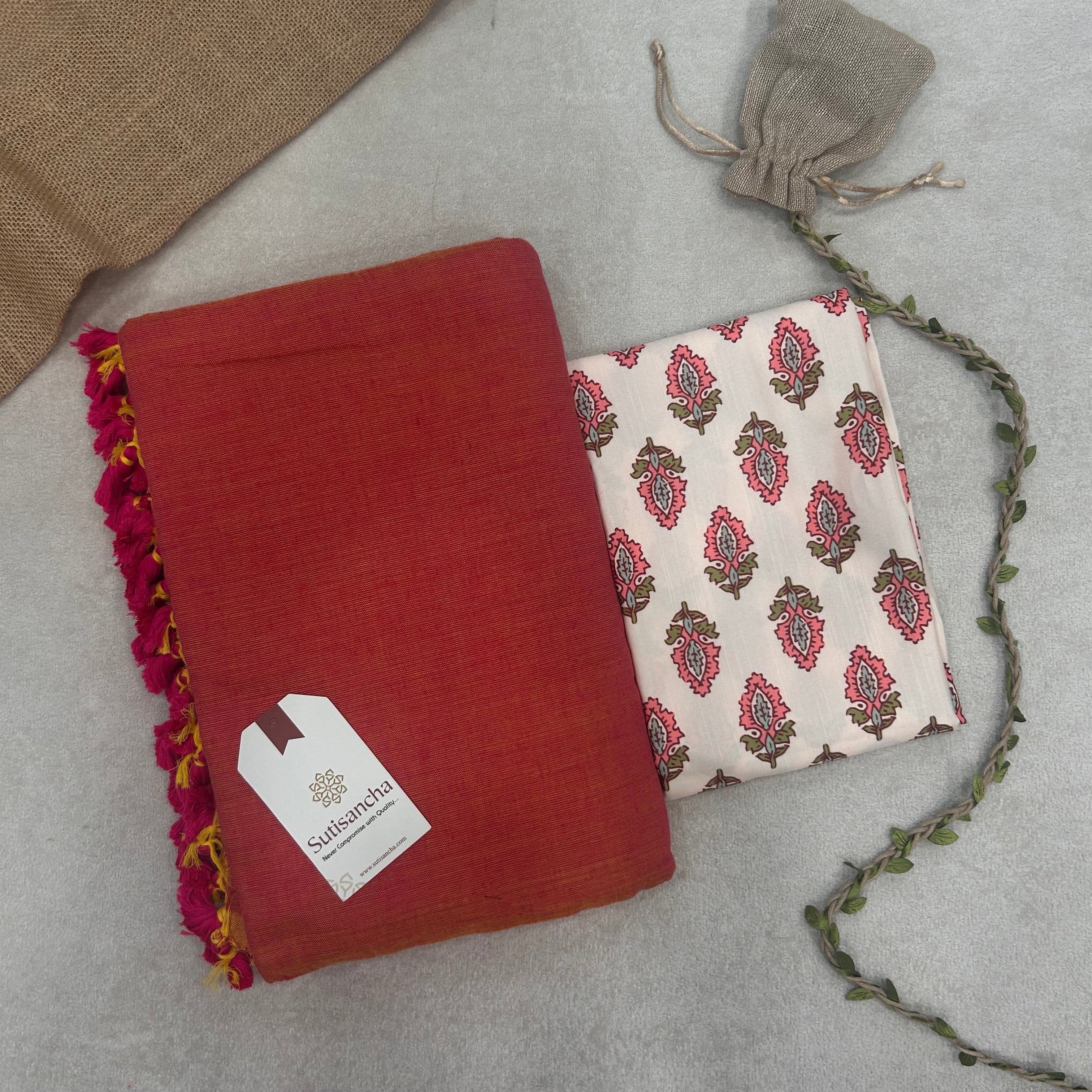 Sutisancha Peach Handloom Cotton Saree With Blouse