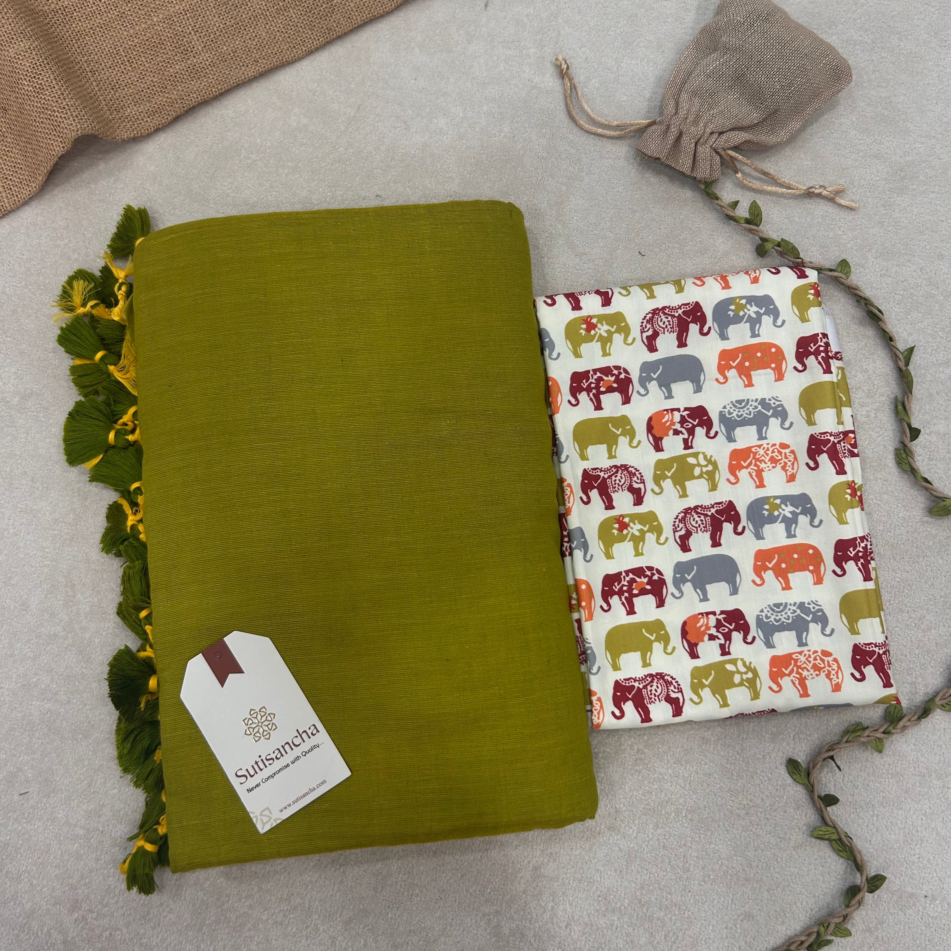 Sutisancha Lime Handloom Cotton Saree With Blouse