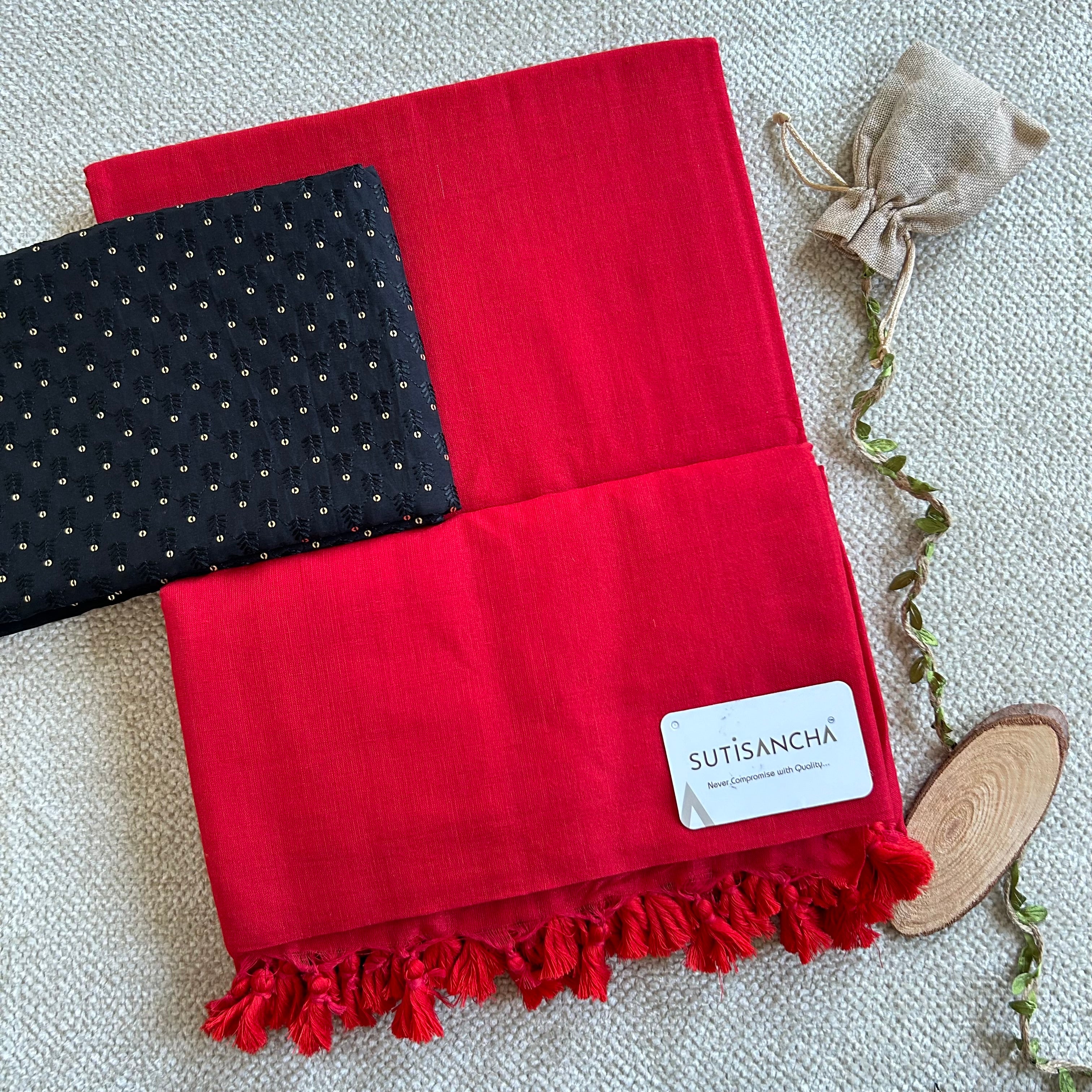 Sutisancha Red colour Handloom Cotton Saree with Designer Work Blouse