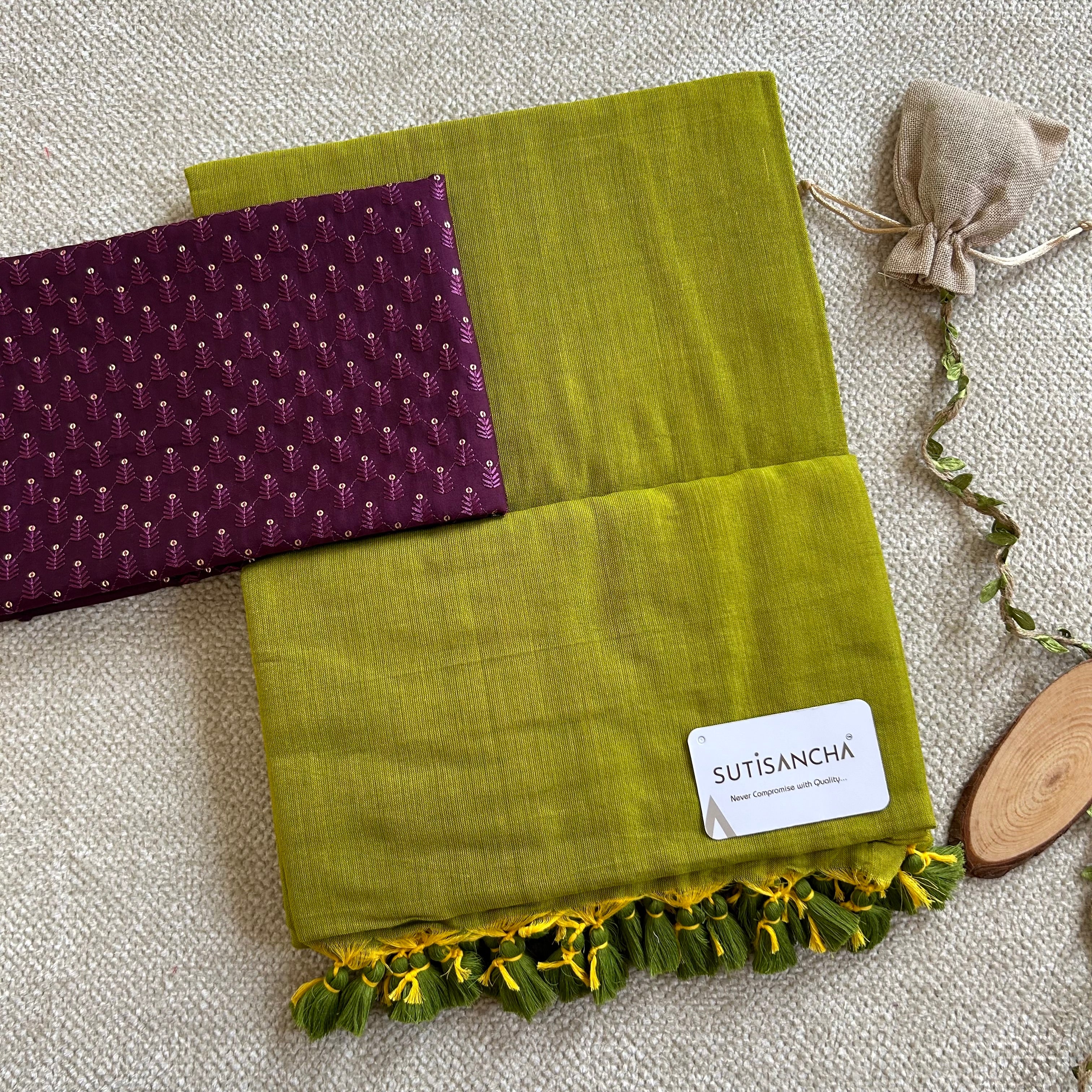 Sutisancha Lime colour Handloom Cotton Saree with Designer Work Blouse