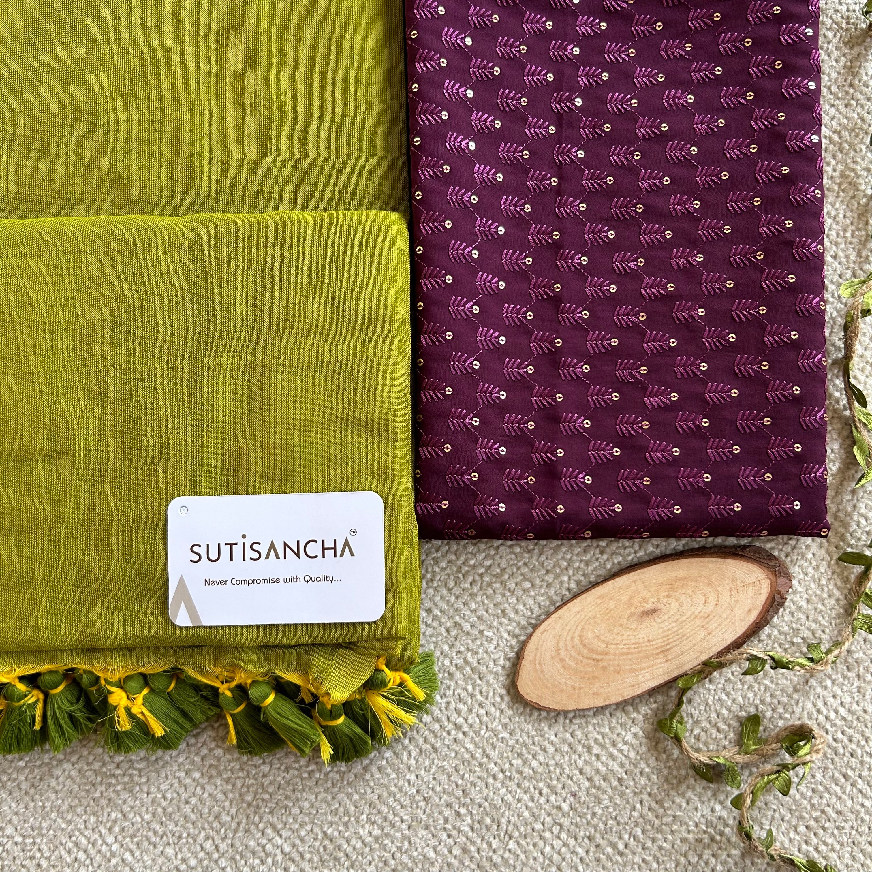 Sutisancha Lime colour Handloom Cotton Saree with Designer Work Blouse