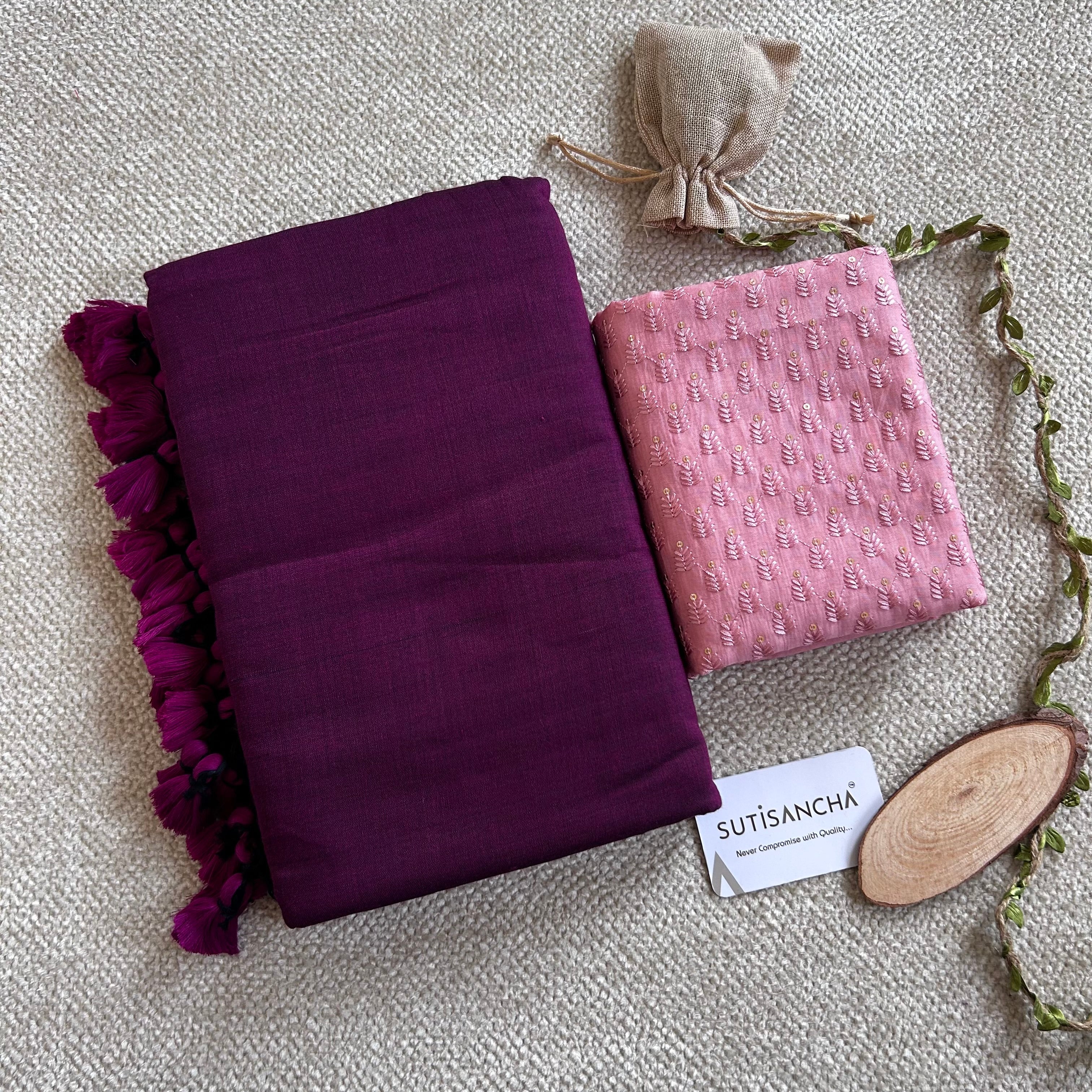 Sutisancha Dark Magenta Handloom Cotton Saree with designer Work Blouse