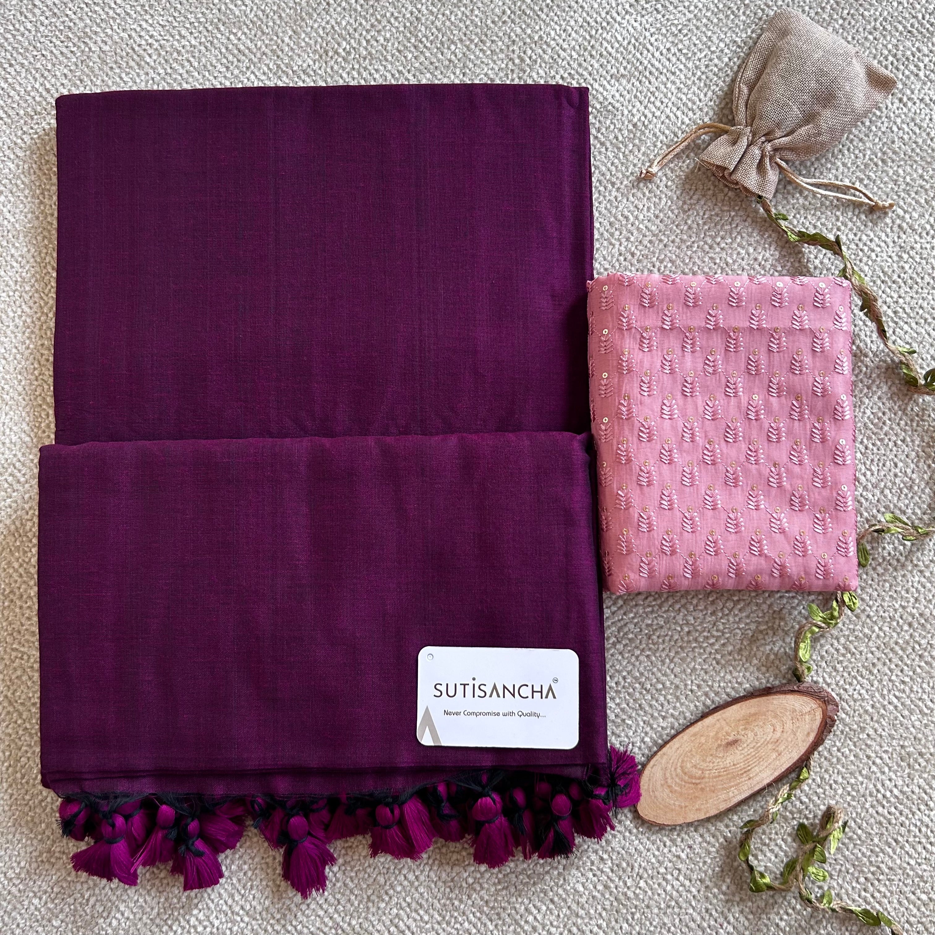 Sutisancha Dark Magenta Handloom Cotton Saree with designer Work Blouse