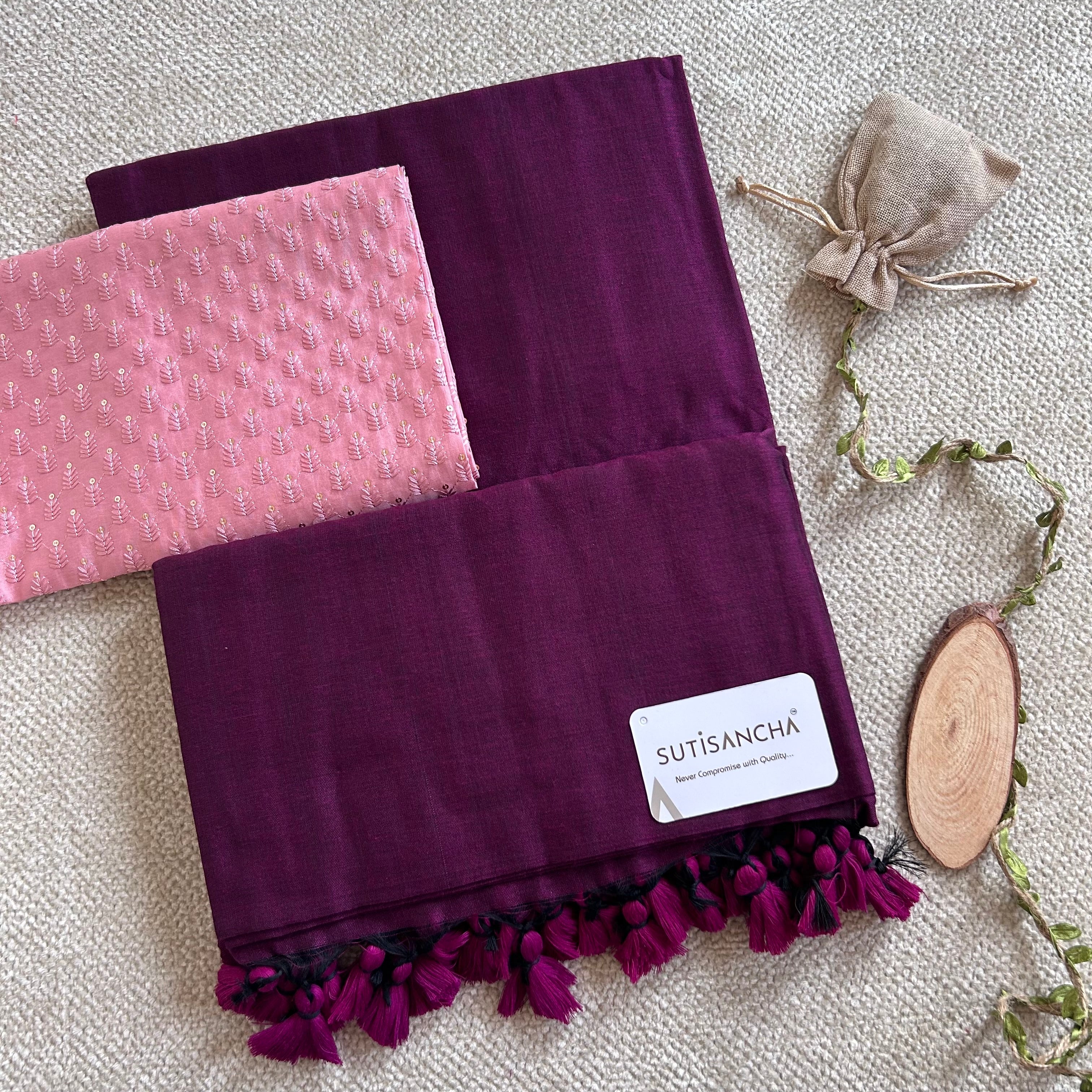 Sutisancha Dark Magenta Handloom Cotton Saree with designer Work Blouse