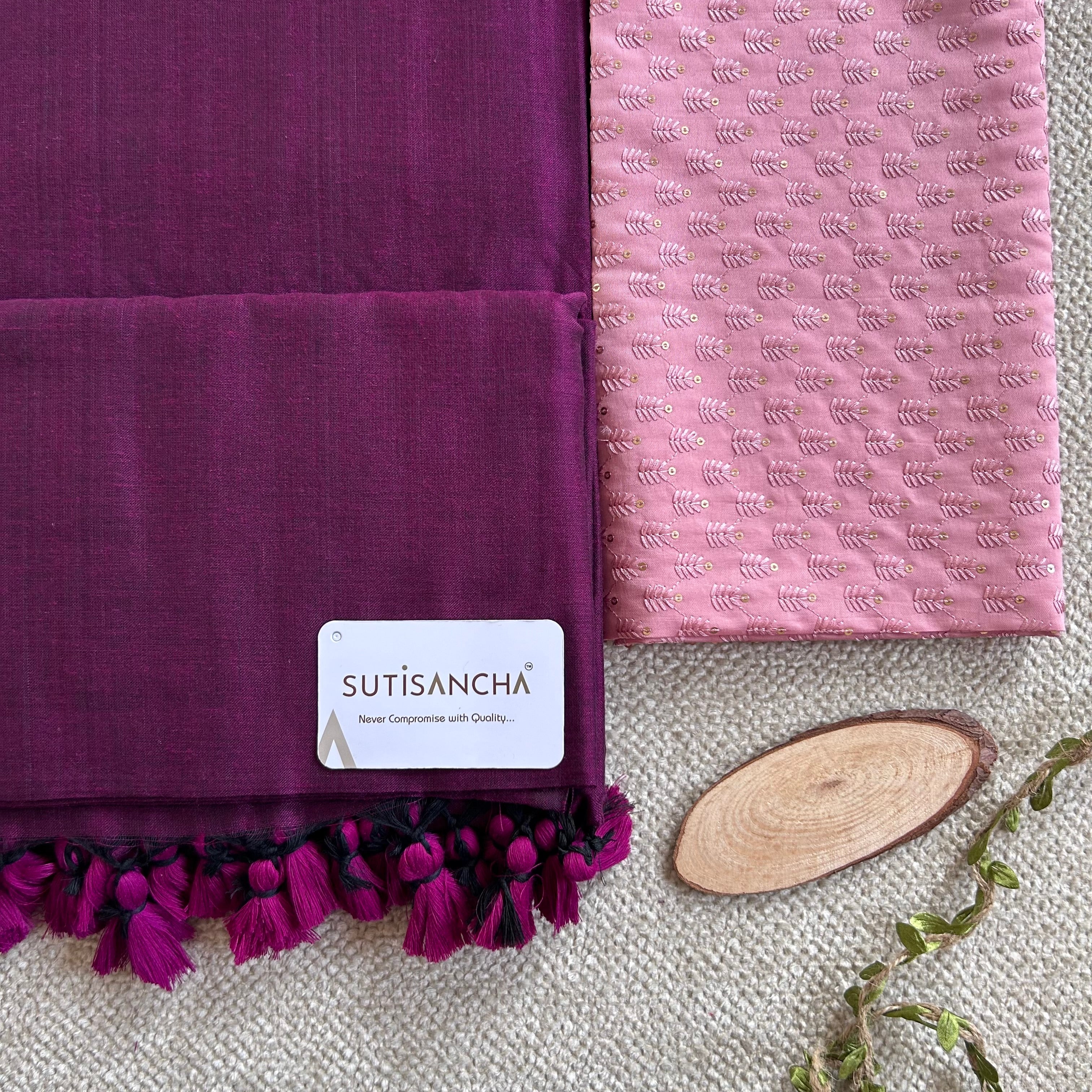 Sutisancha Dark Magenta Handloom Cotton Saree with designer Work Blouse