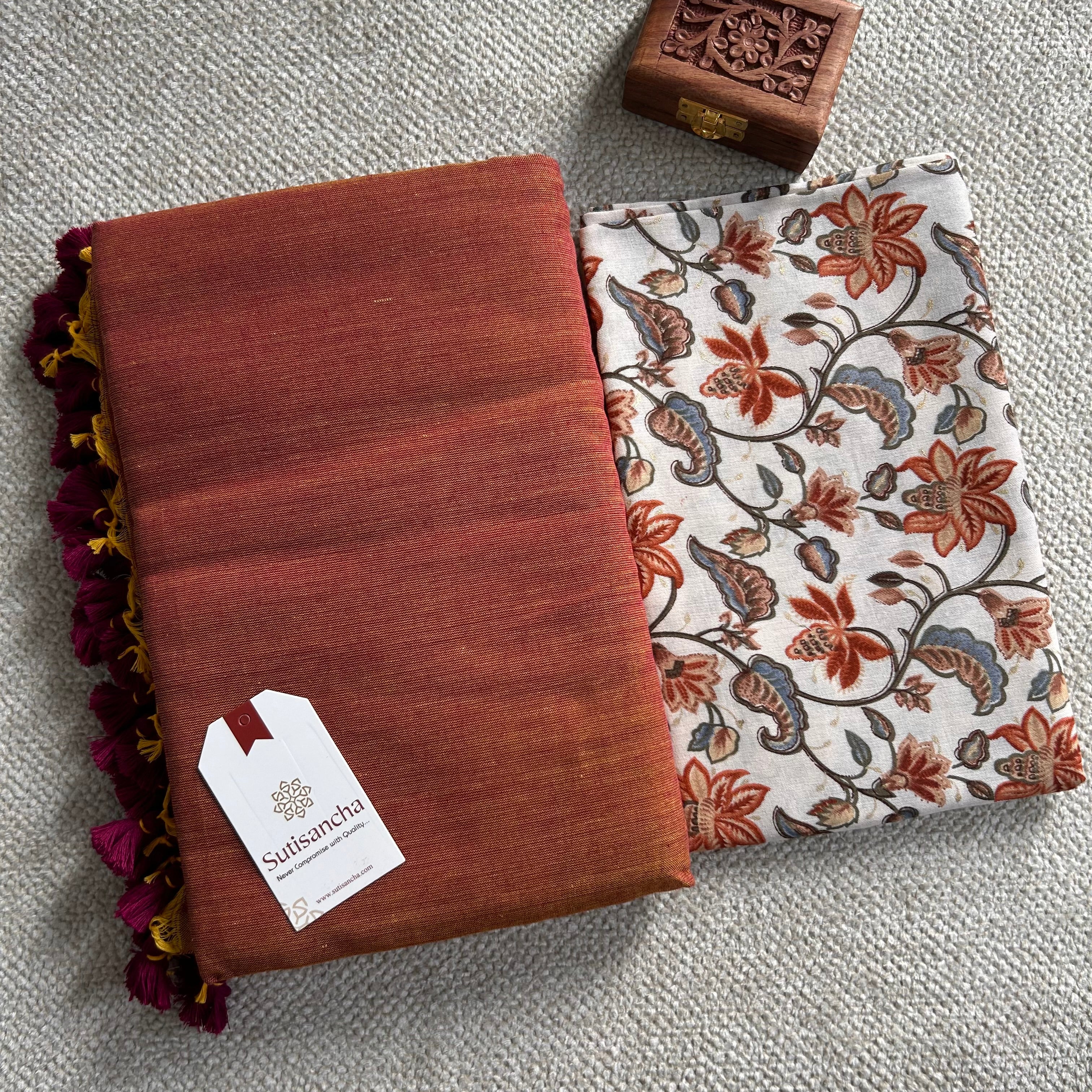 Sutisancha Rust Orange Handloom Cotton Saree With Designer Printed Blouse