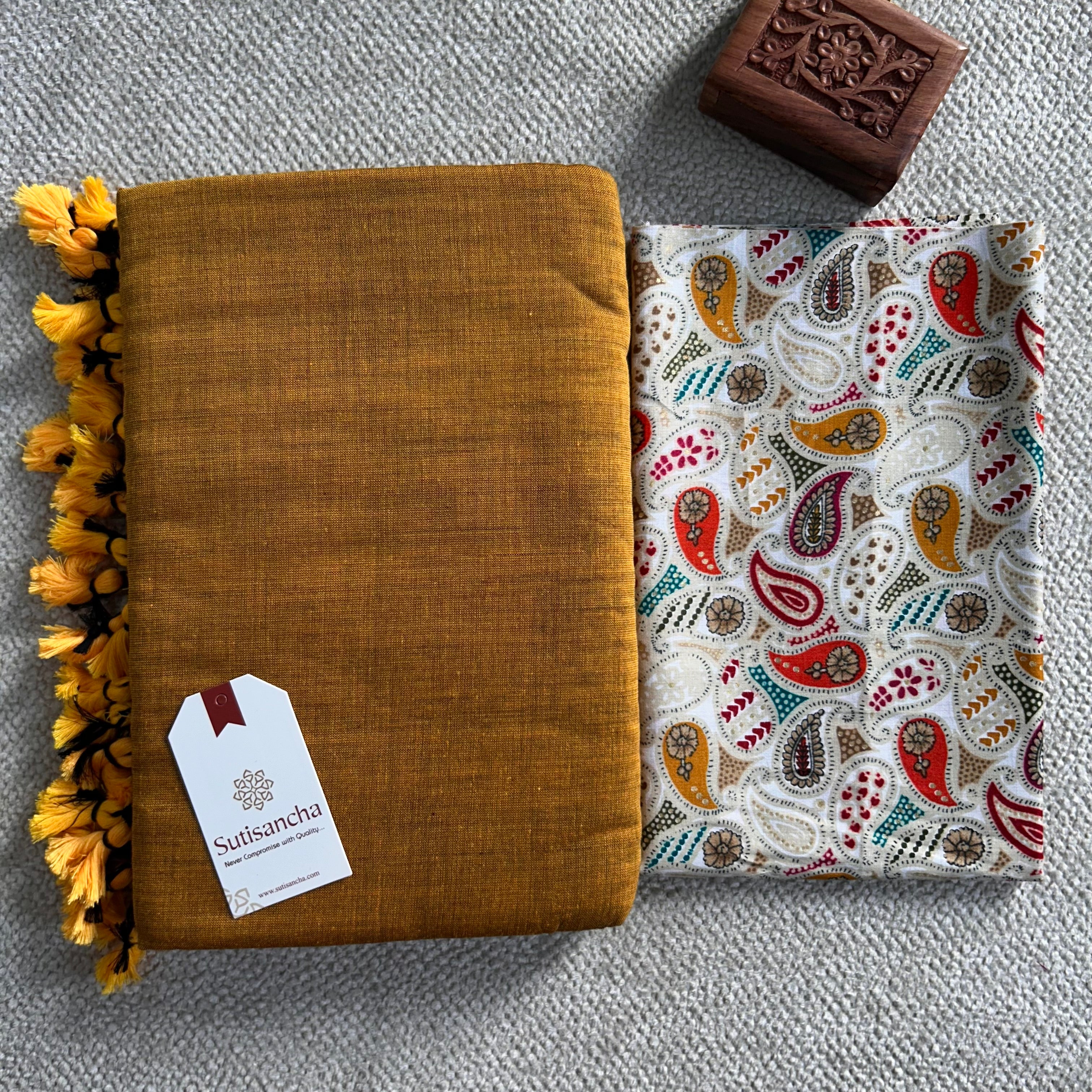 Sutisancha Mustard Handloom Cotton Saree With Designer Foil Printed Blouse