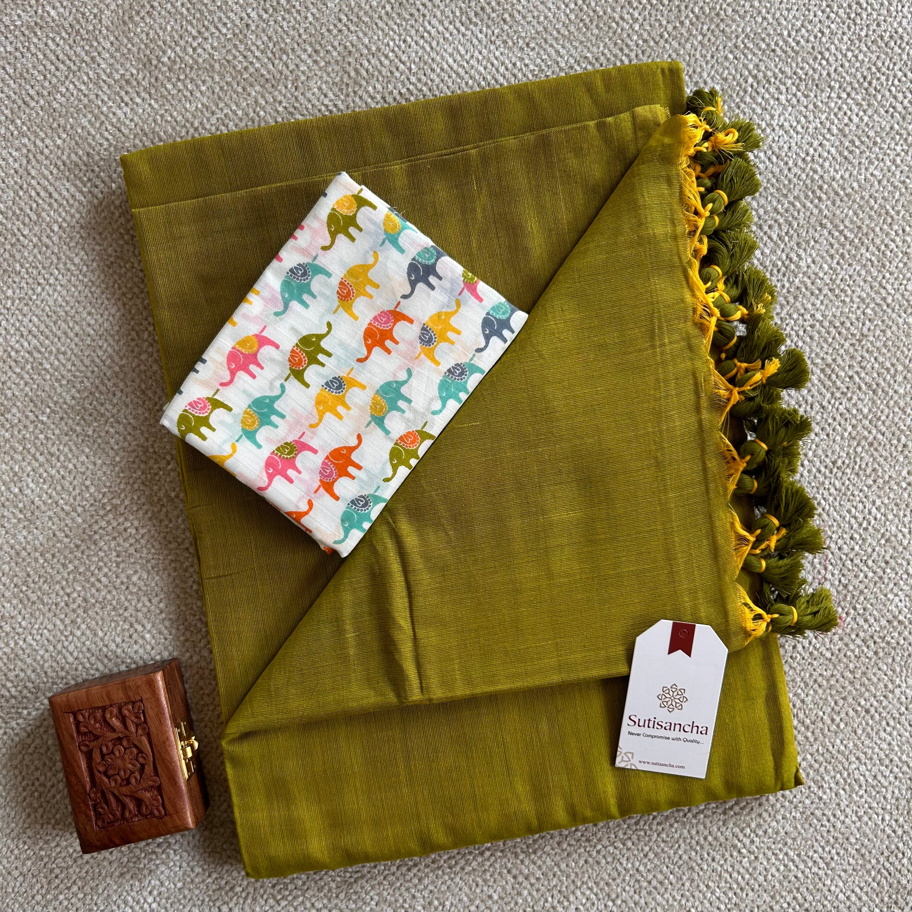 Sutisancha Lime Green Handloom Cotton Saree With Blouse