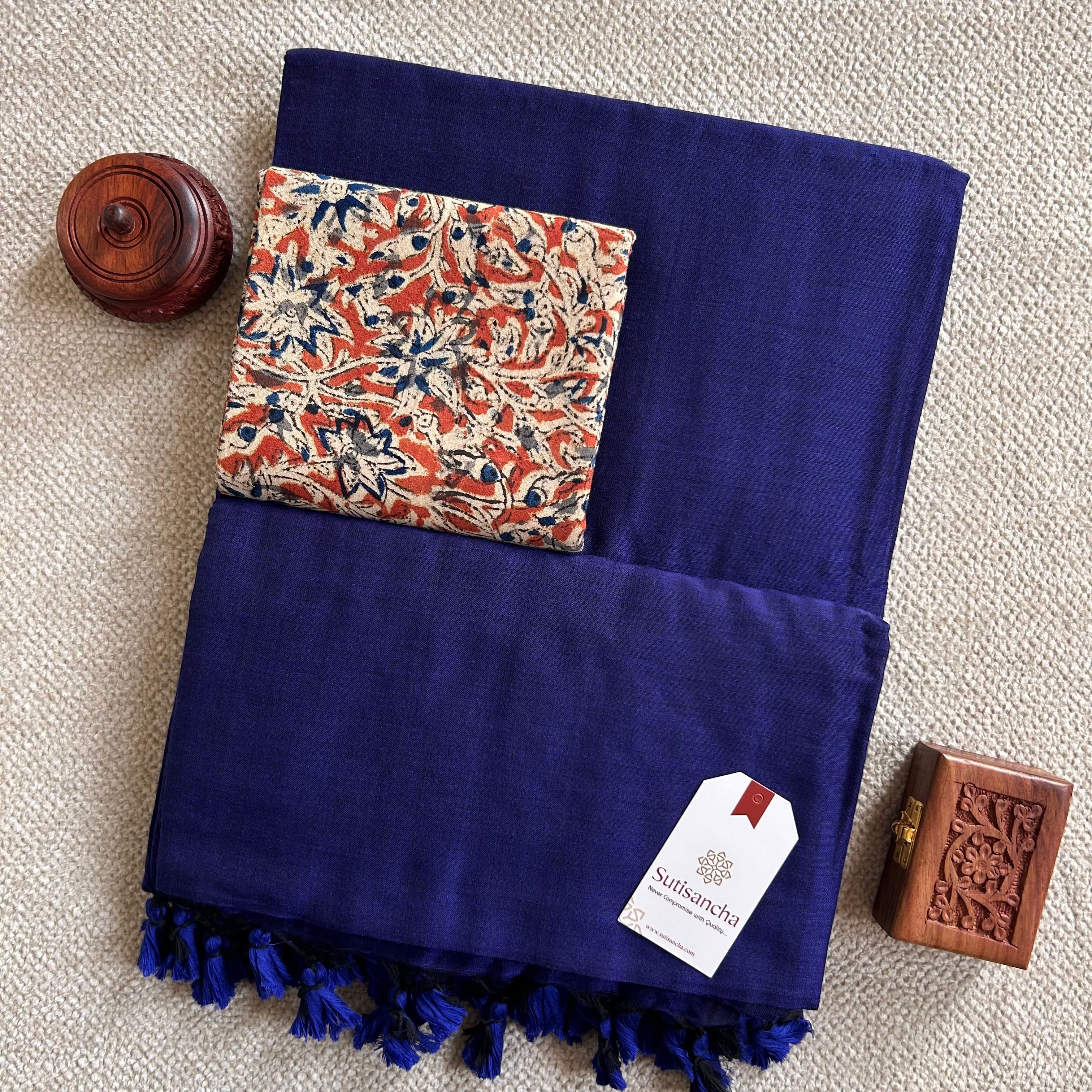 Sutisancha Royal Blue Handloom Cotton Saree With Blouse
