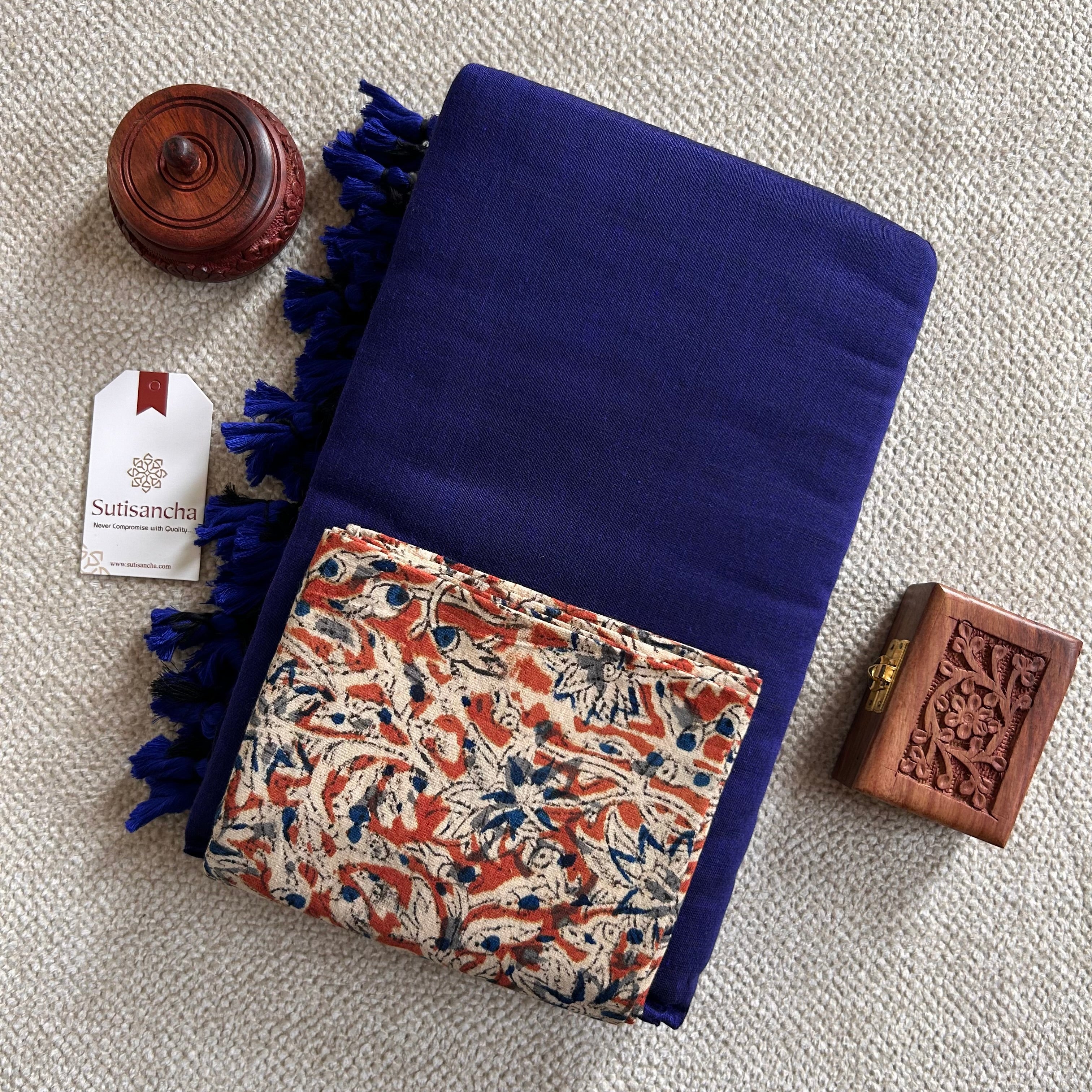 Sutisancha Royal Blue Handloom Cotton Saree With Blouse