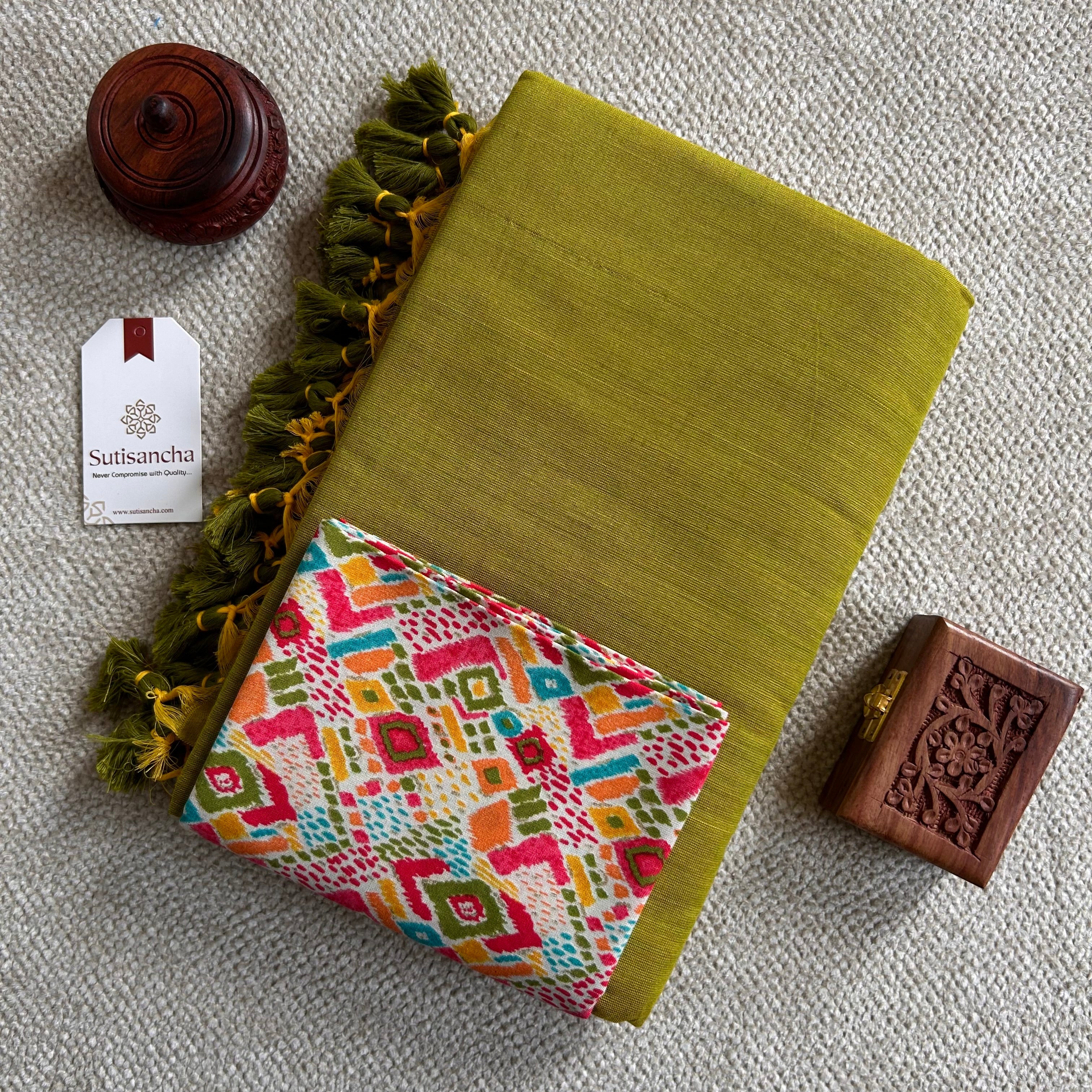 Sutisancha Lime Green Handloom Cotton Saree With Designer Foil Printed Blouse