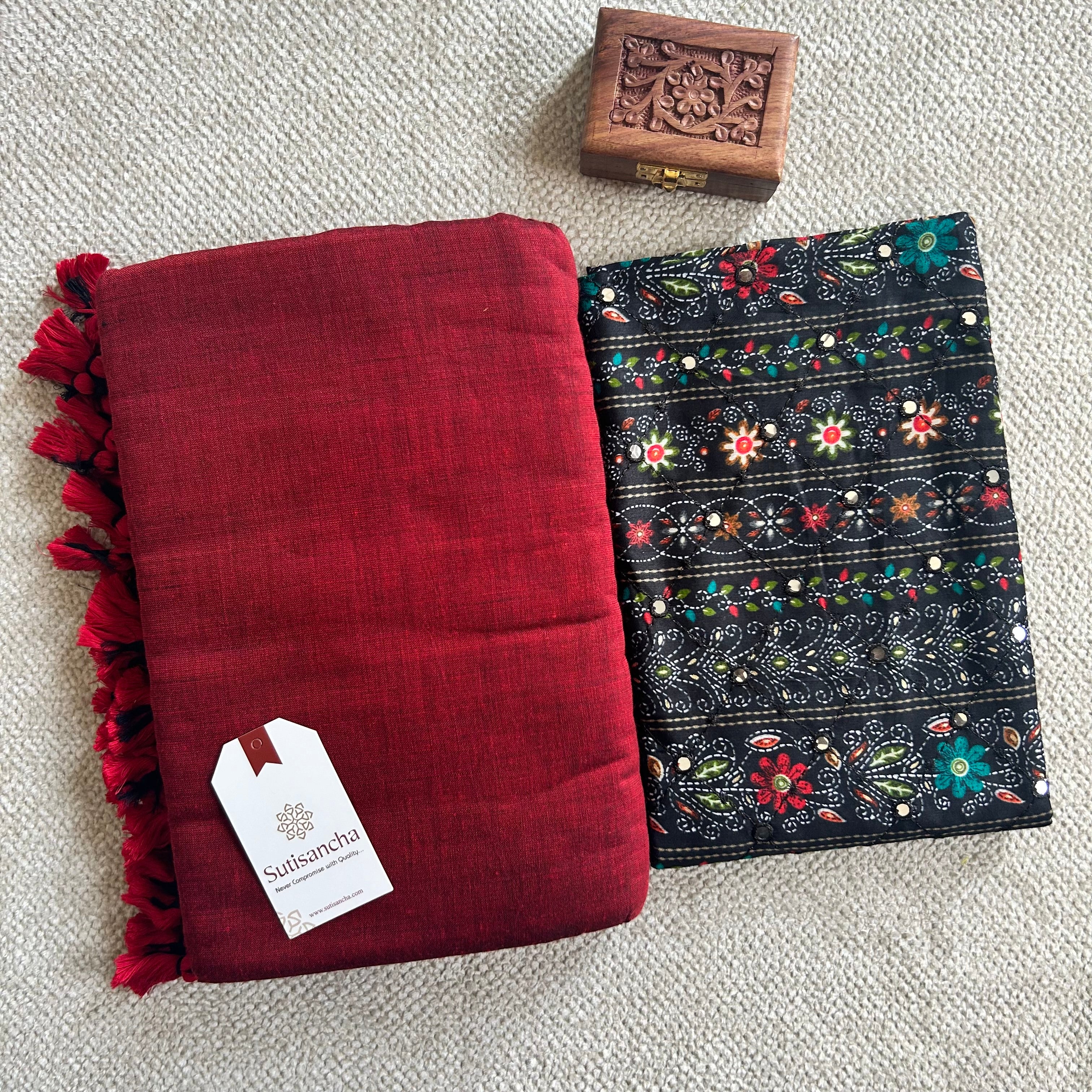 Sutisancha Cherry Red Handloom Cotton Saree with designer Work Blouse