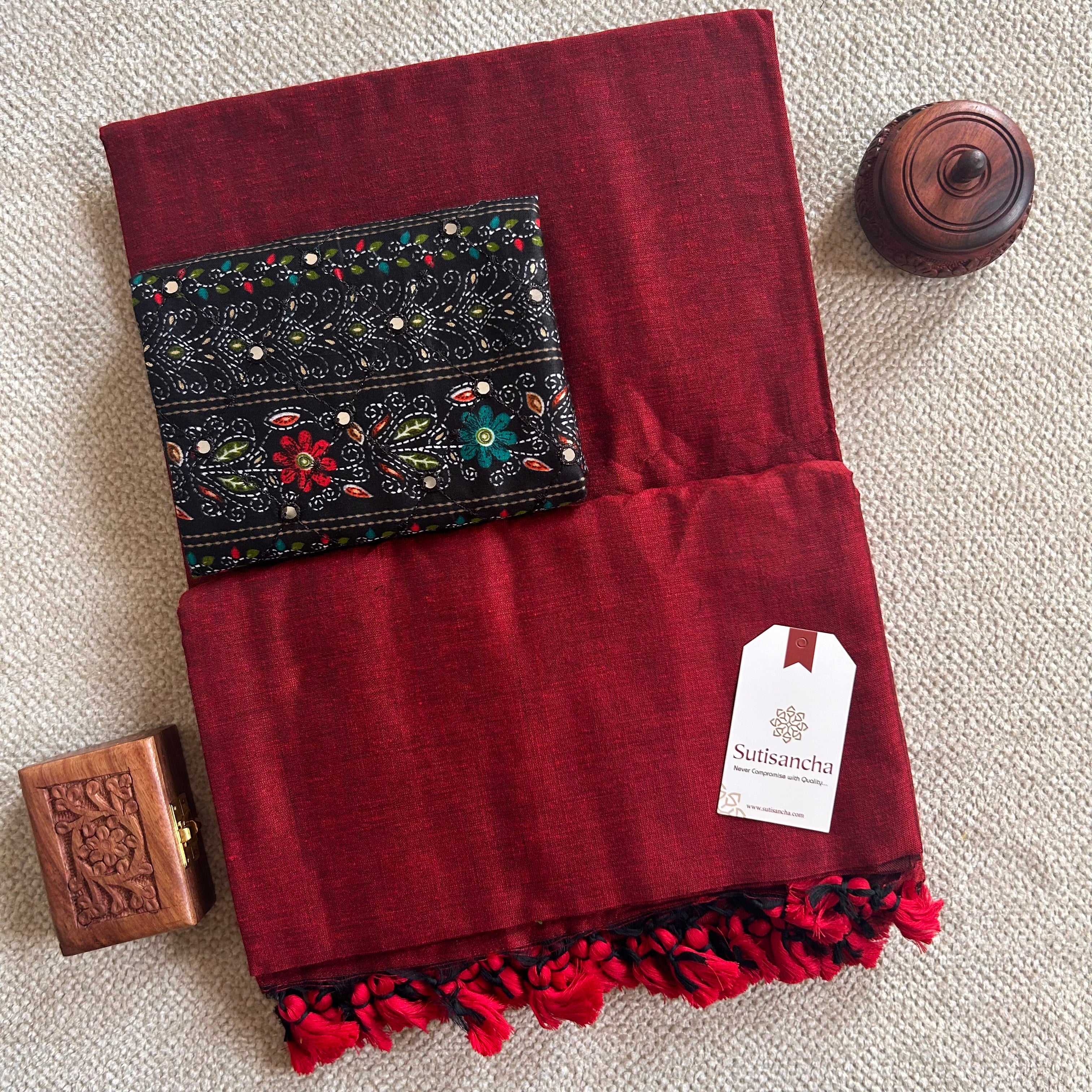 Sutisancha Cherry Red Handloom Cotton Saree with designer Work Blouse