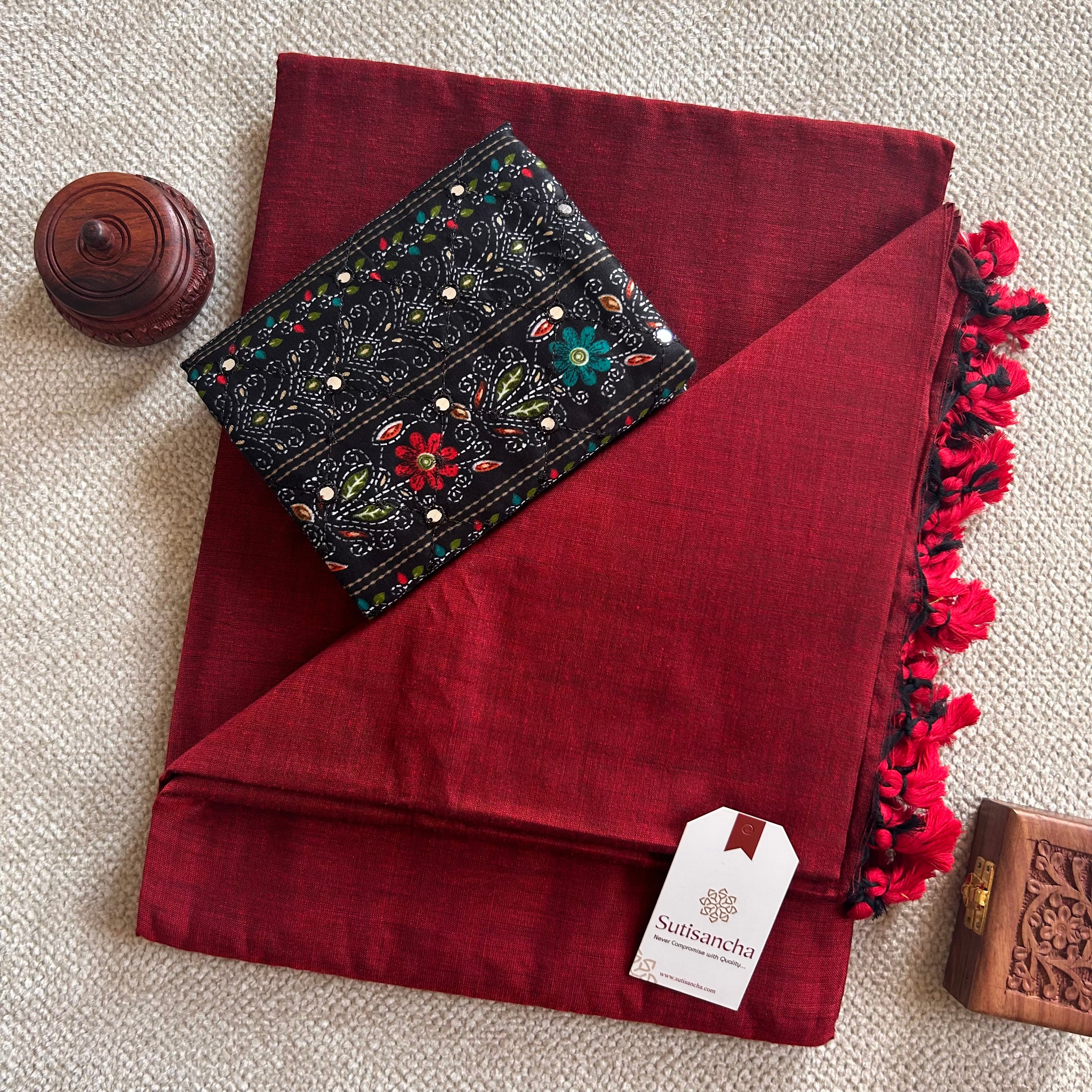 Sutisancha Cherry Red Handloom Cotton Saree with designer Work Blouse