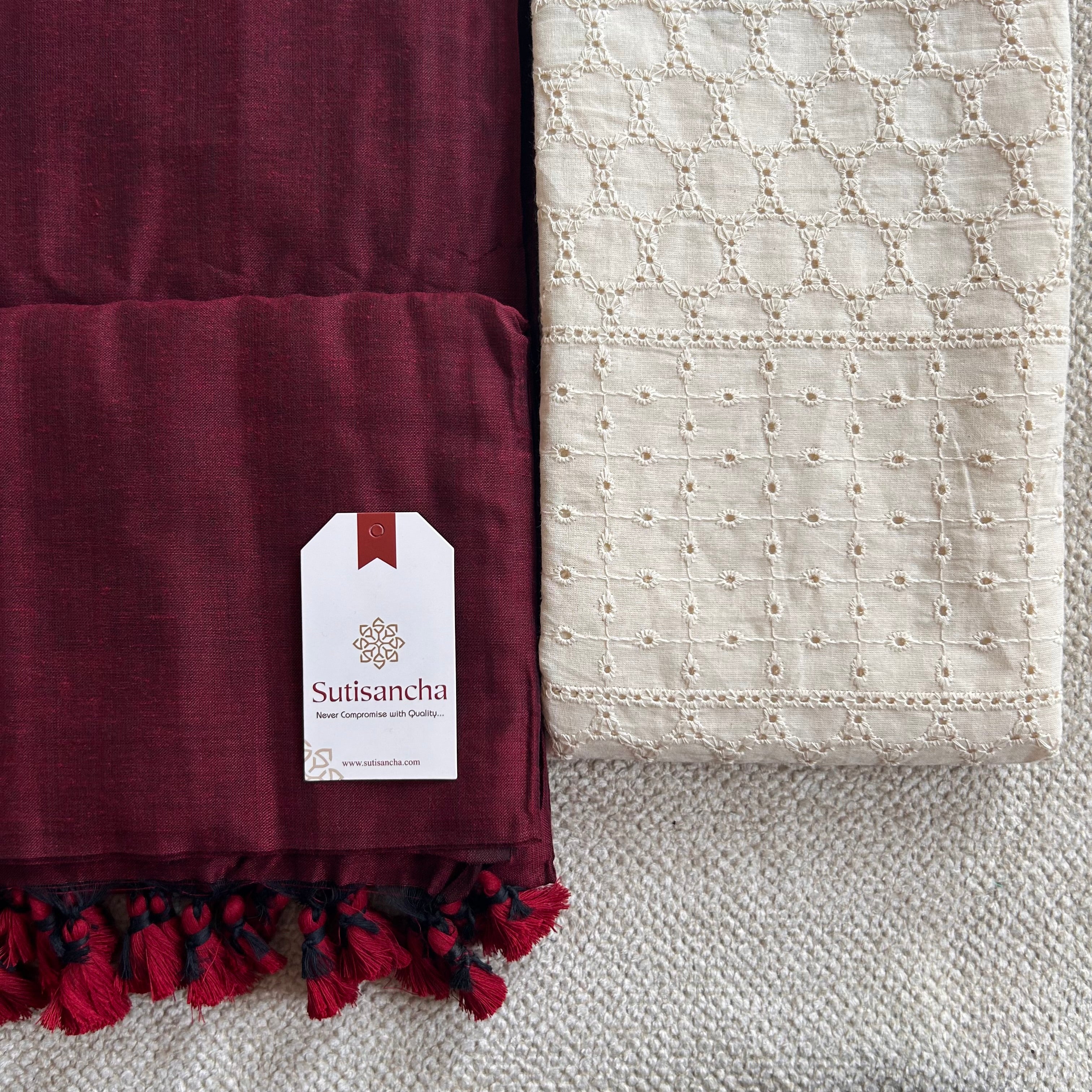 Sutisancha Maroon Handloom Cotton Saree with Designer Cutwork Blouse