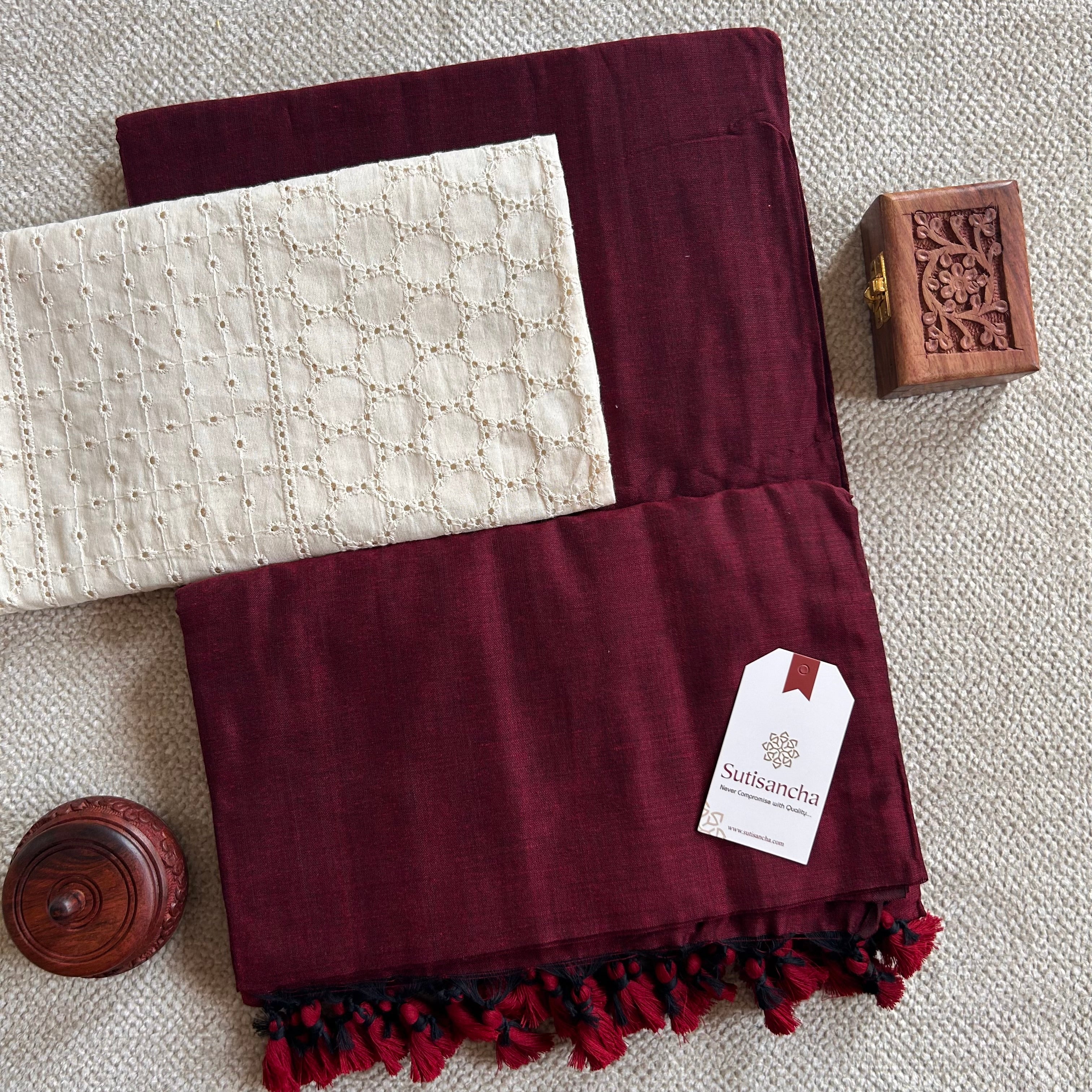 Sutisancha Maroon Handloom Cotton Saree with Designer Cutwork Blouse