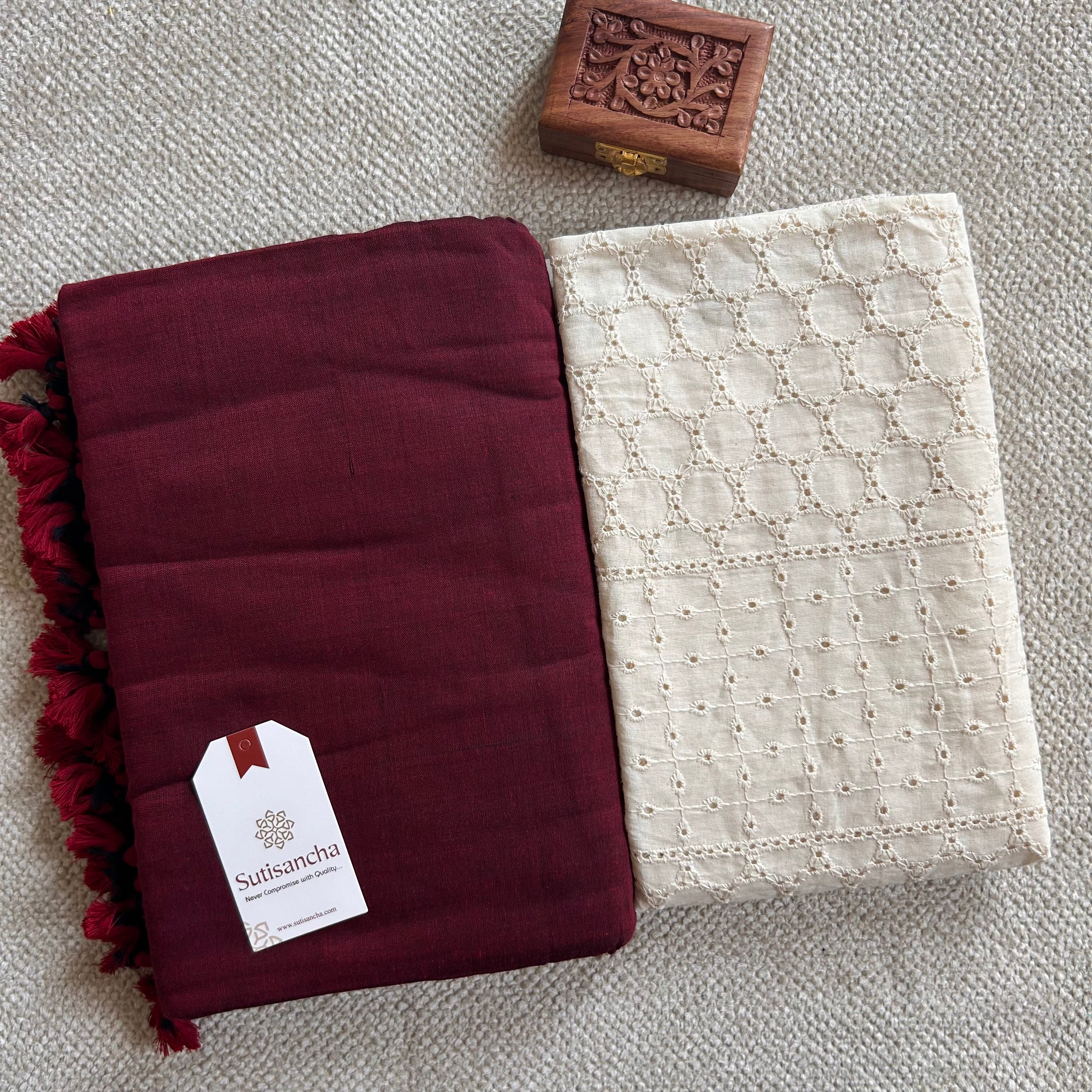 Sutisancha Maroon Handloom Cotton Saree with Designer Cutwork Blouse