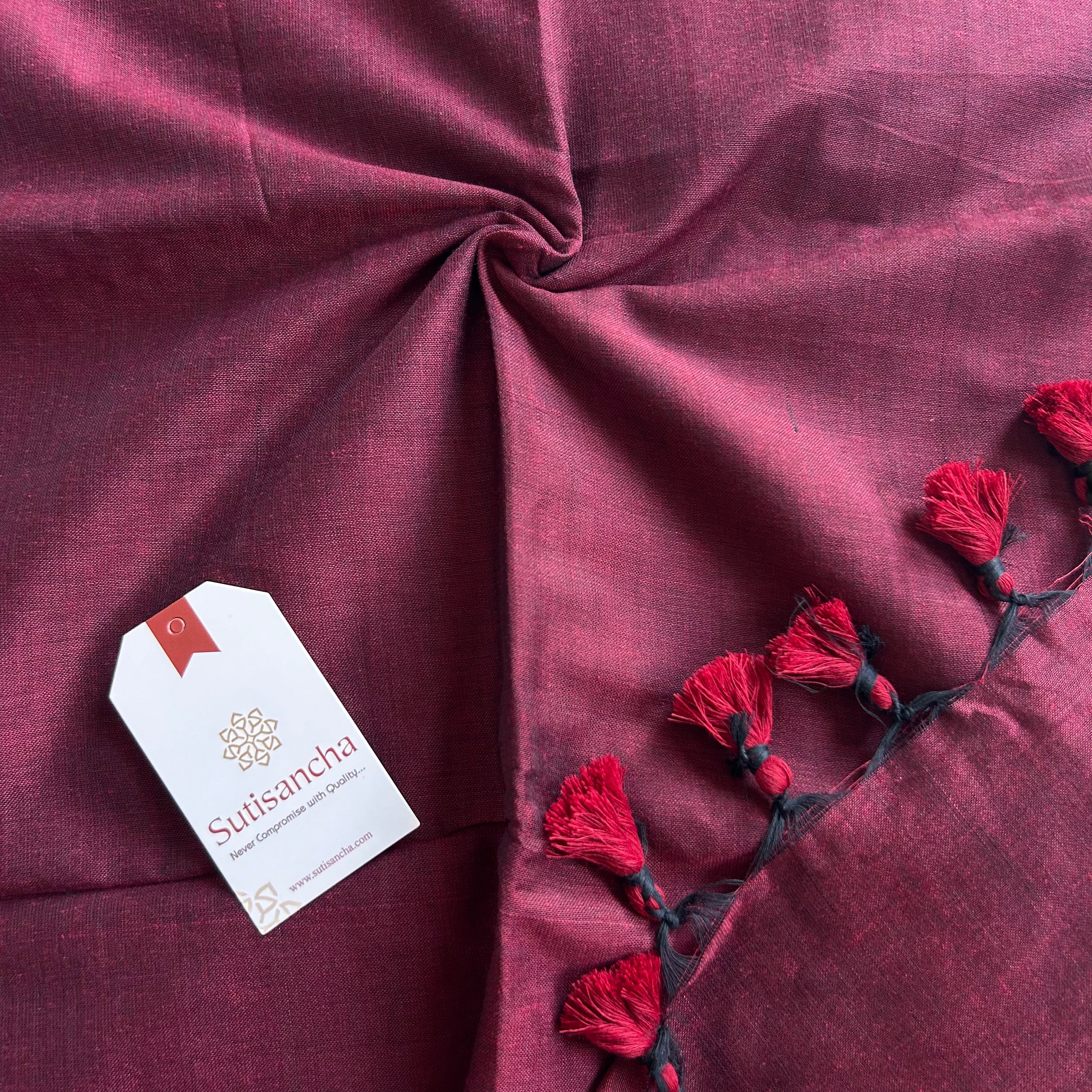 Sutisancha Maroon Handloom Cotton Saree with Designer Cutwork Blouse