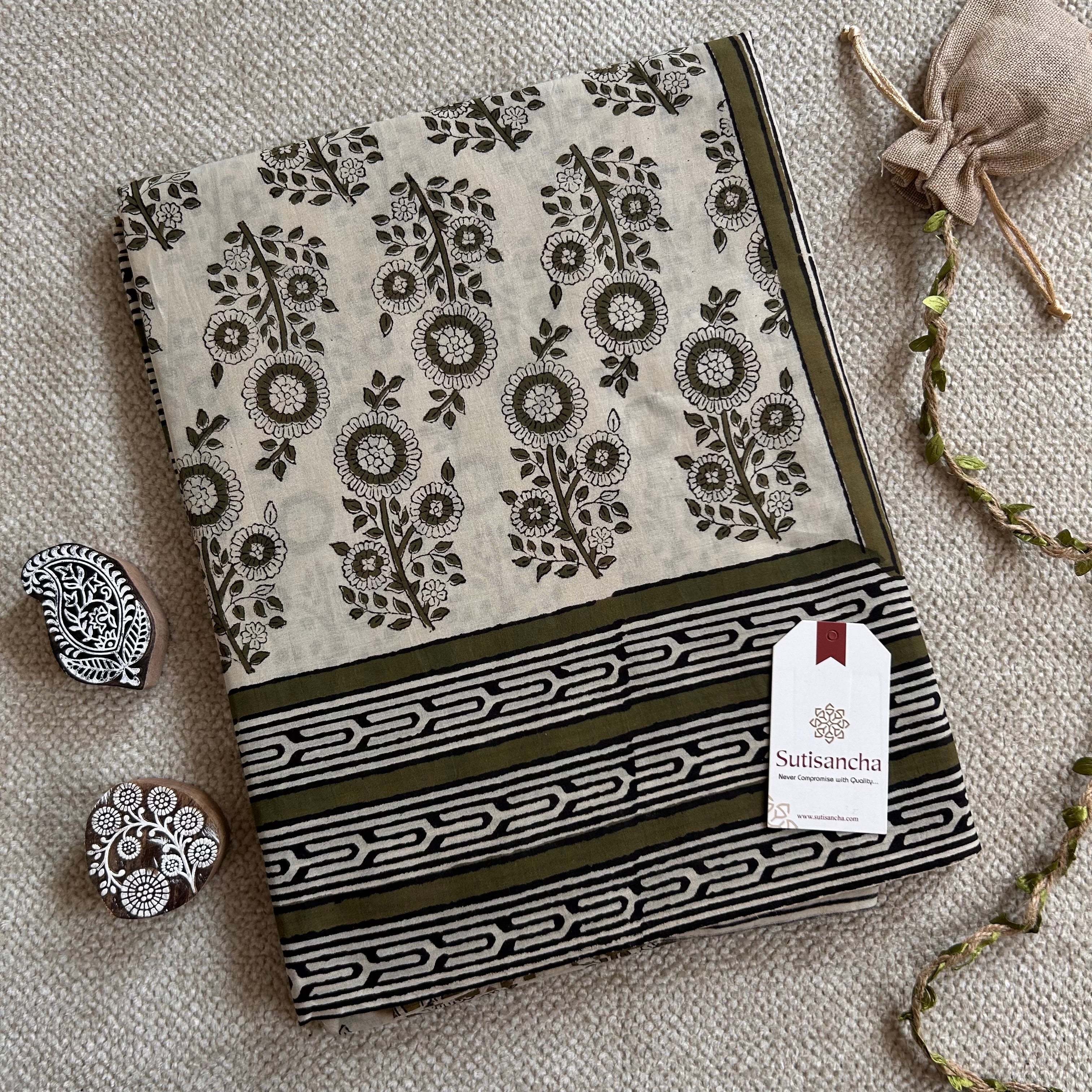 Bagru Hand Block Printed Mulmul Cotton Saree