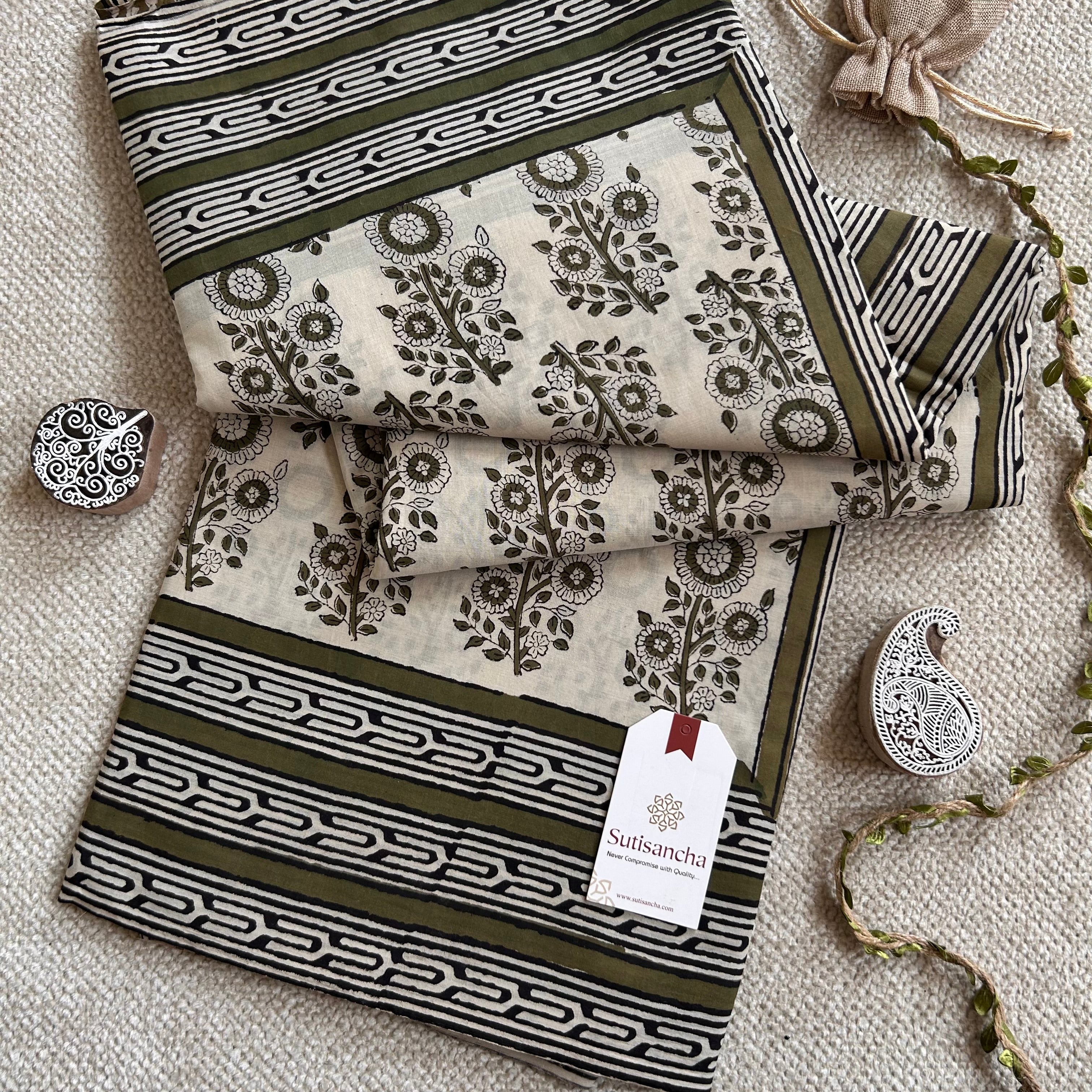 Bagru Hand Block Printed Mulmul Cotton Saree