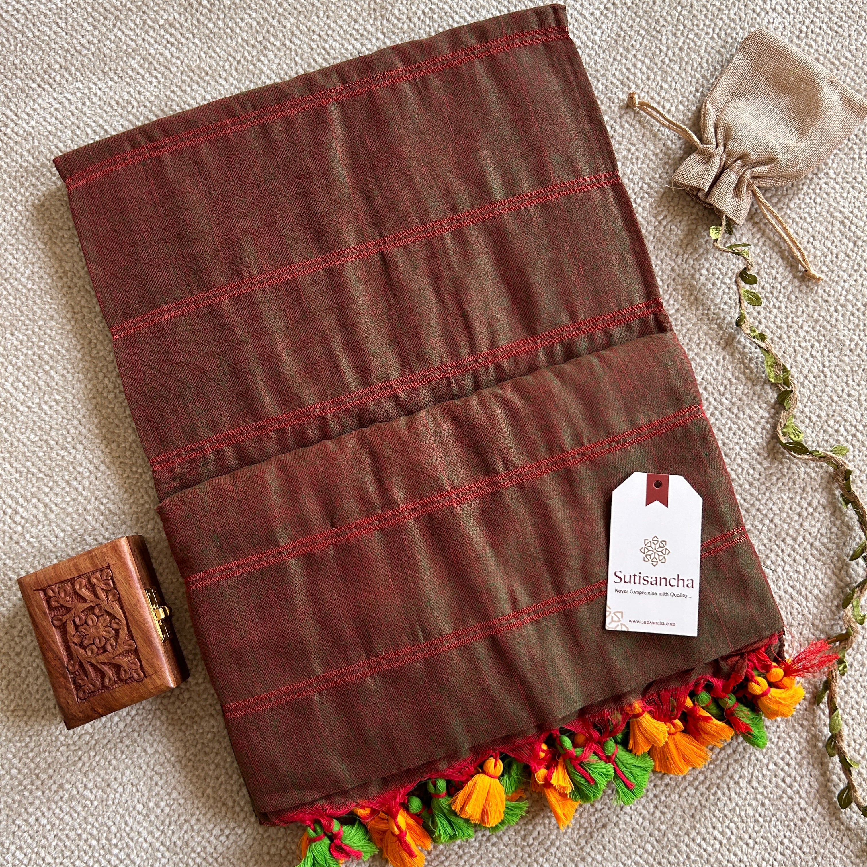 Sutisancha Dualtone Brown Zari Stripe Saree