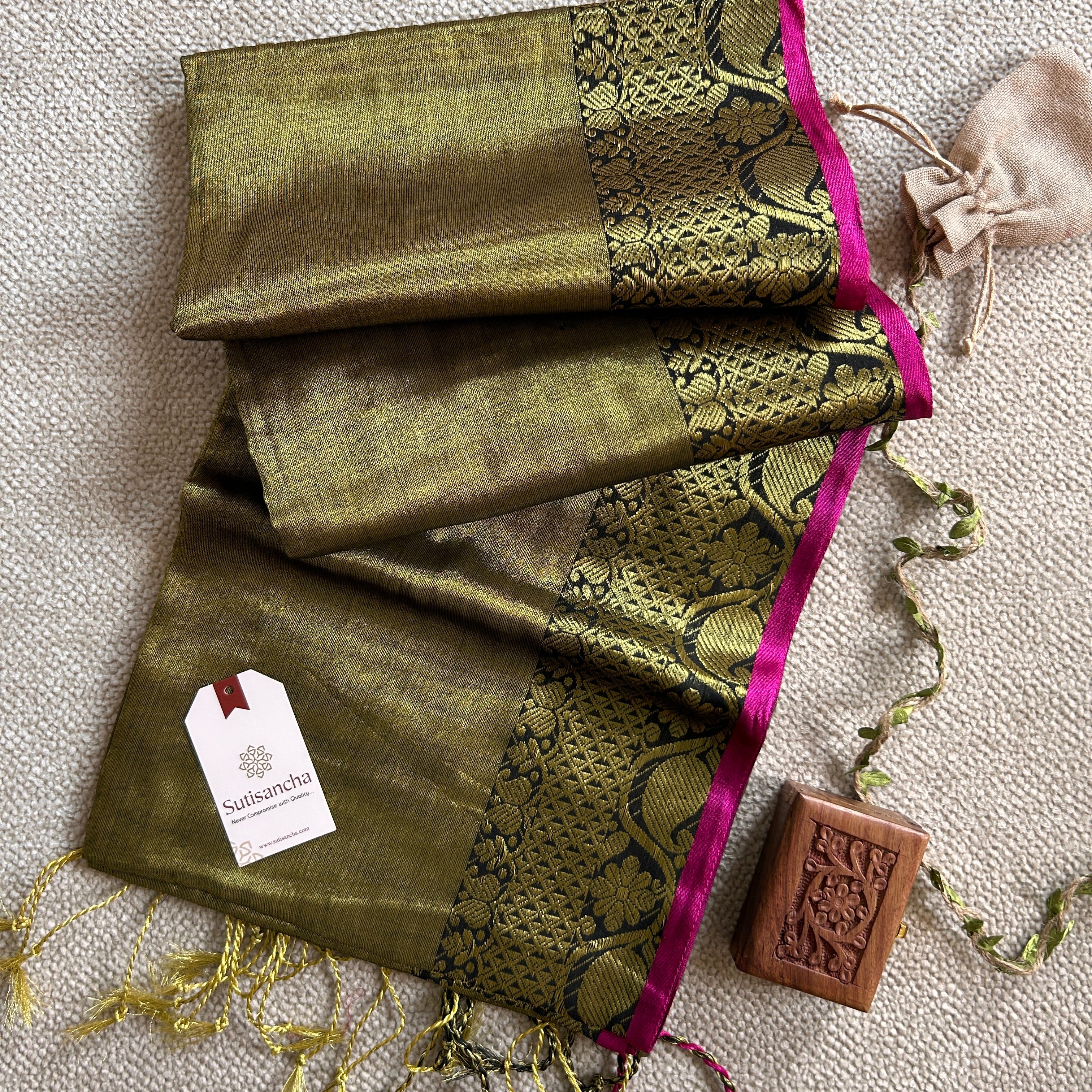 Sutisancha Mehndi Handloom Tissue Saree