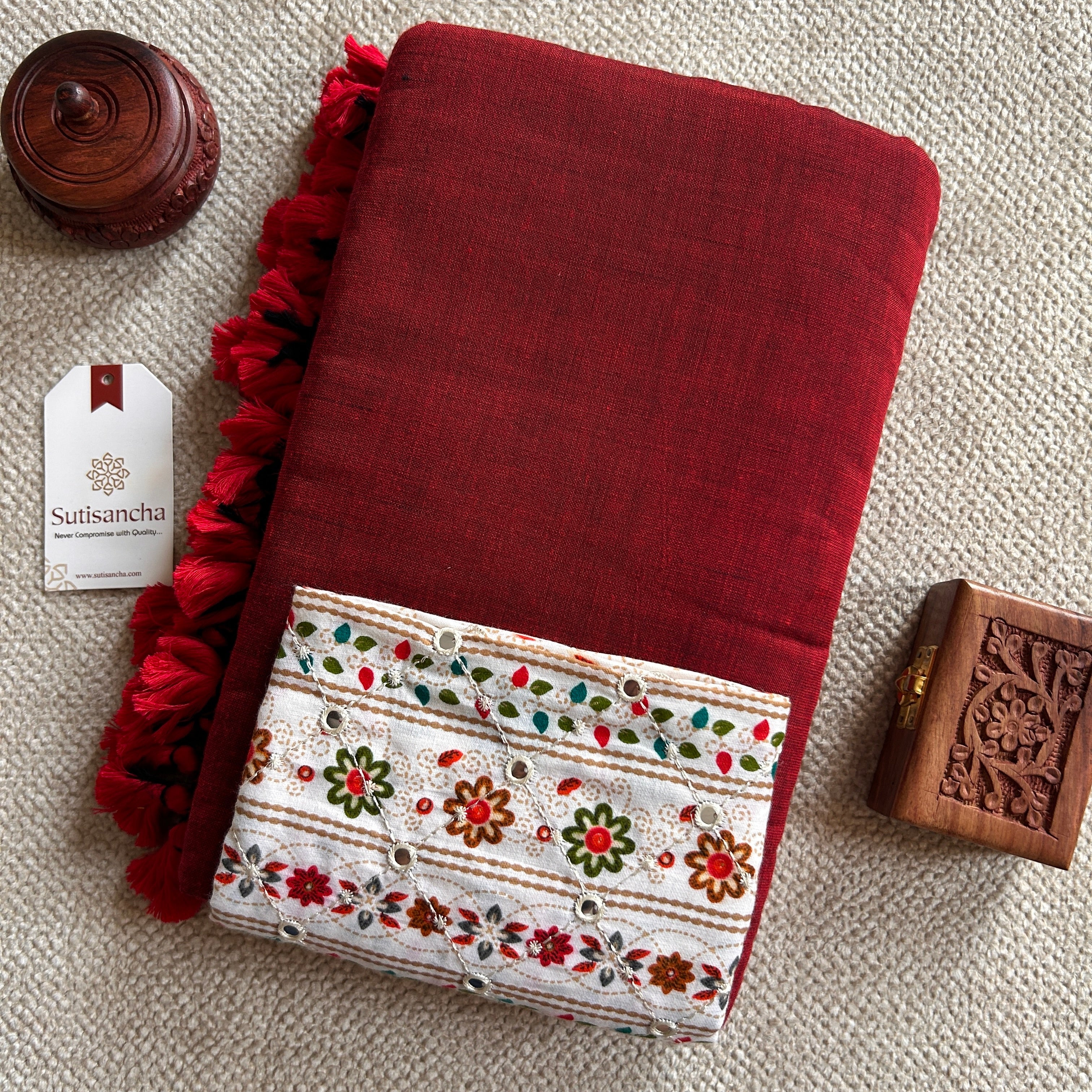 Sutisancha Cherry Red Handloom Cotton Saree With Blouse