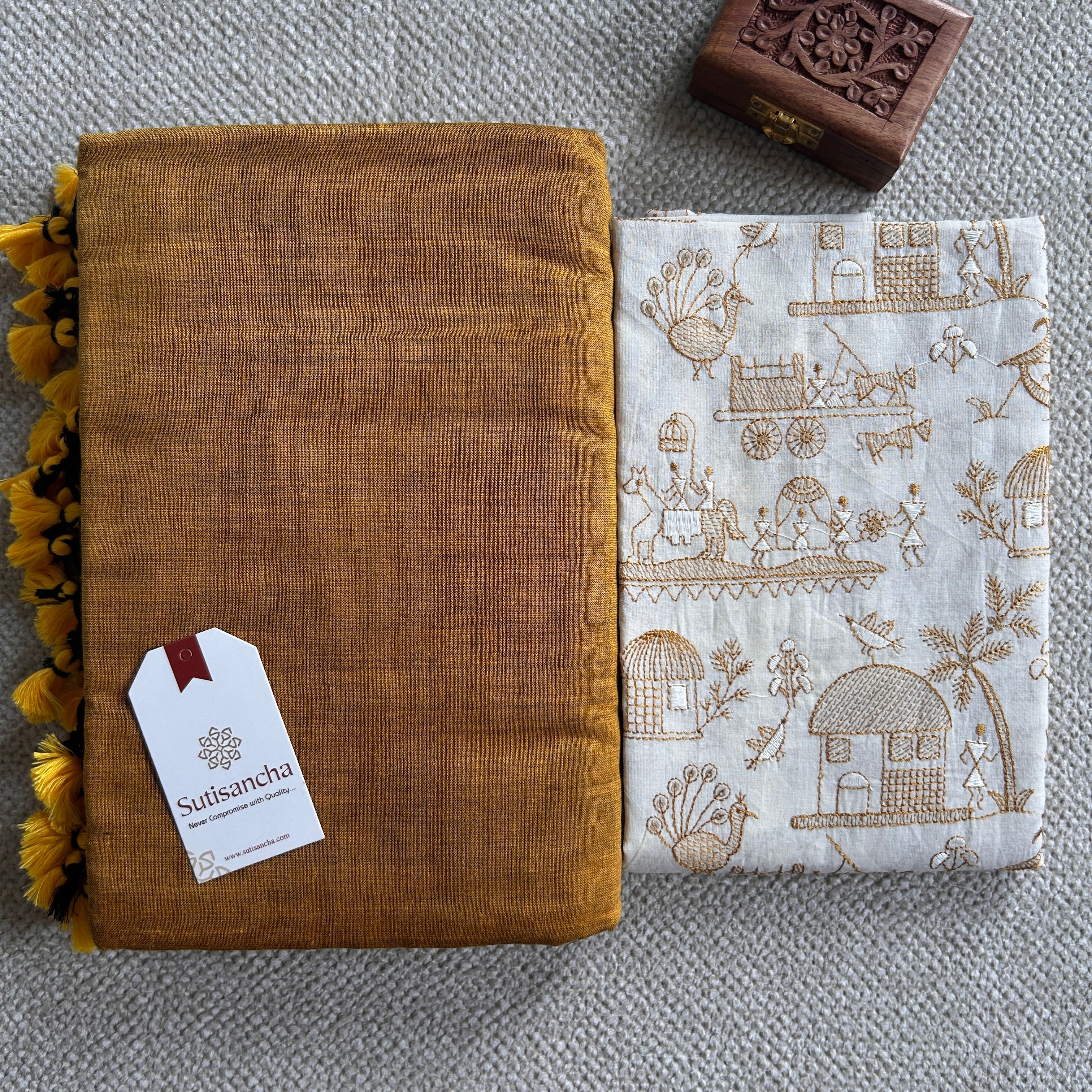 Sutisancha Mustard Handloom Cotton Saree With Blouse