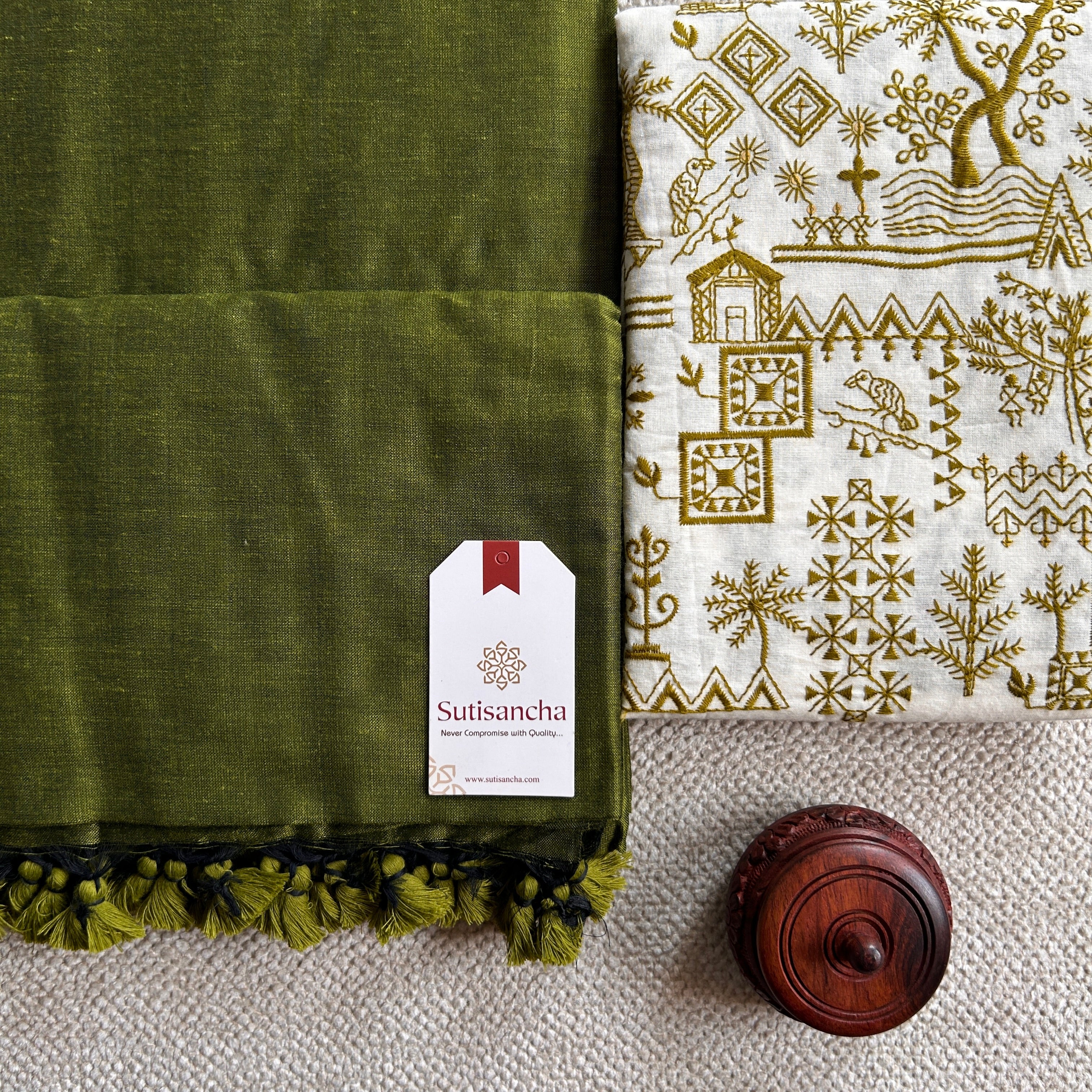 Sutisancha Mehndi Handloom Cotton Saree With Blouse