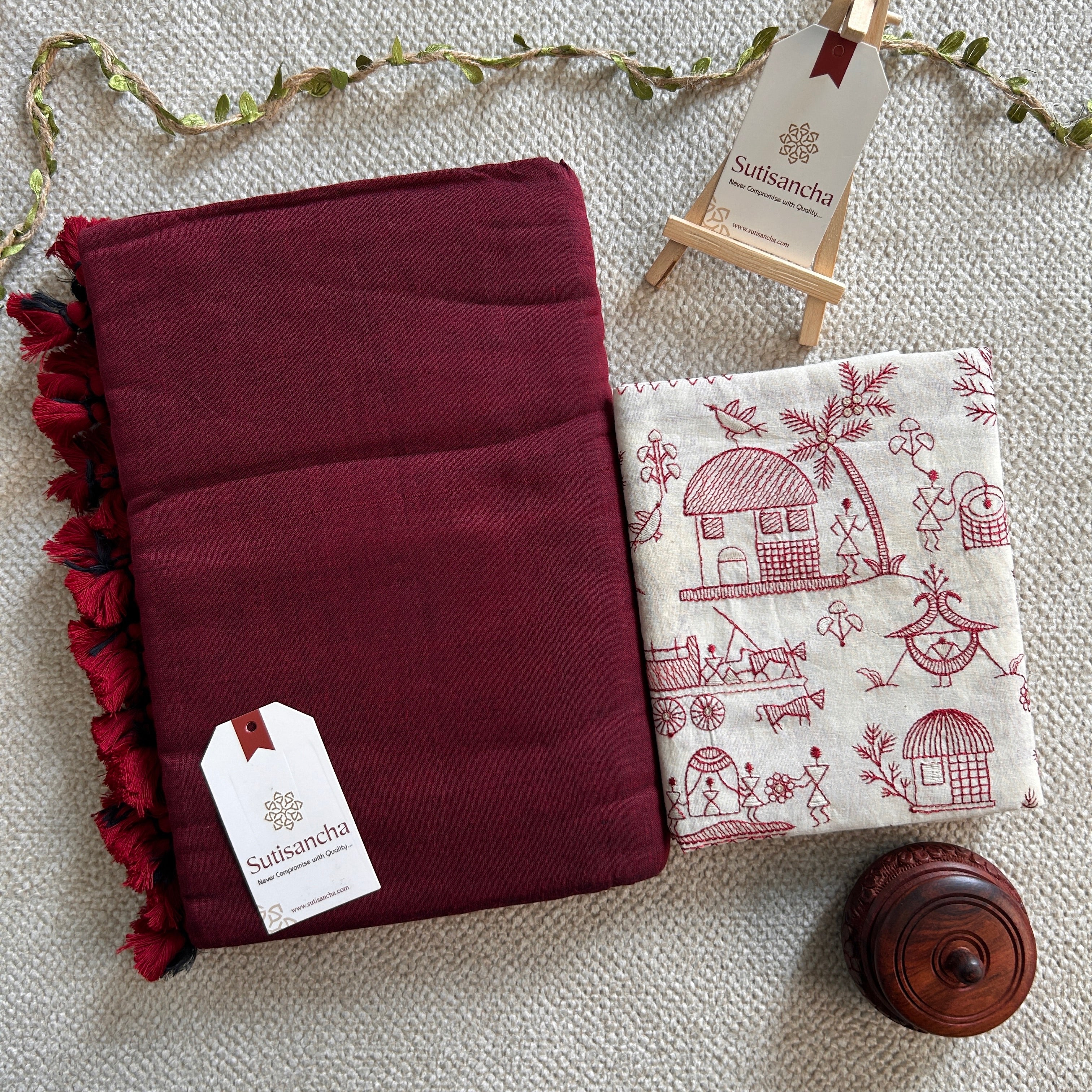 Sutisancha Maroon Handloom Cotton Saree with Designer Blouse