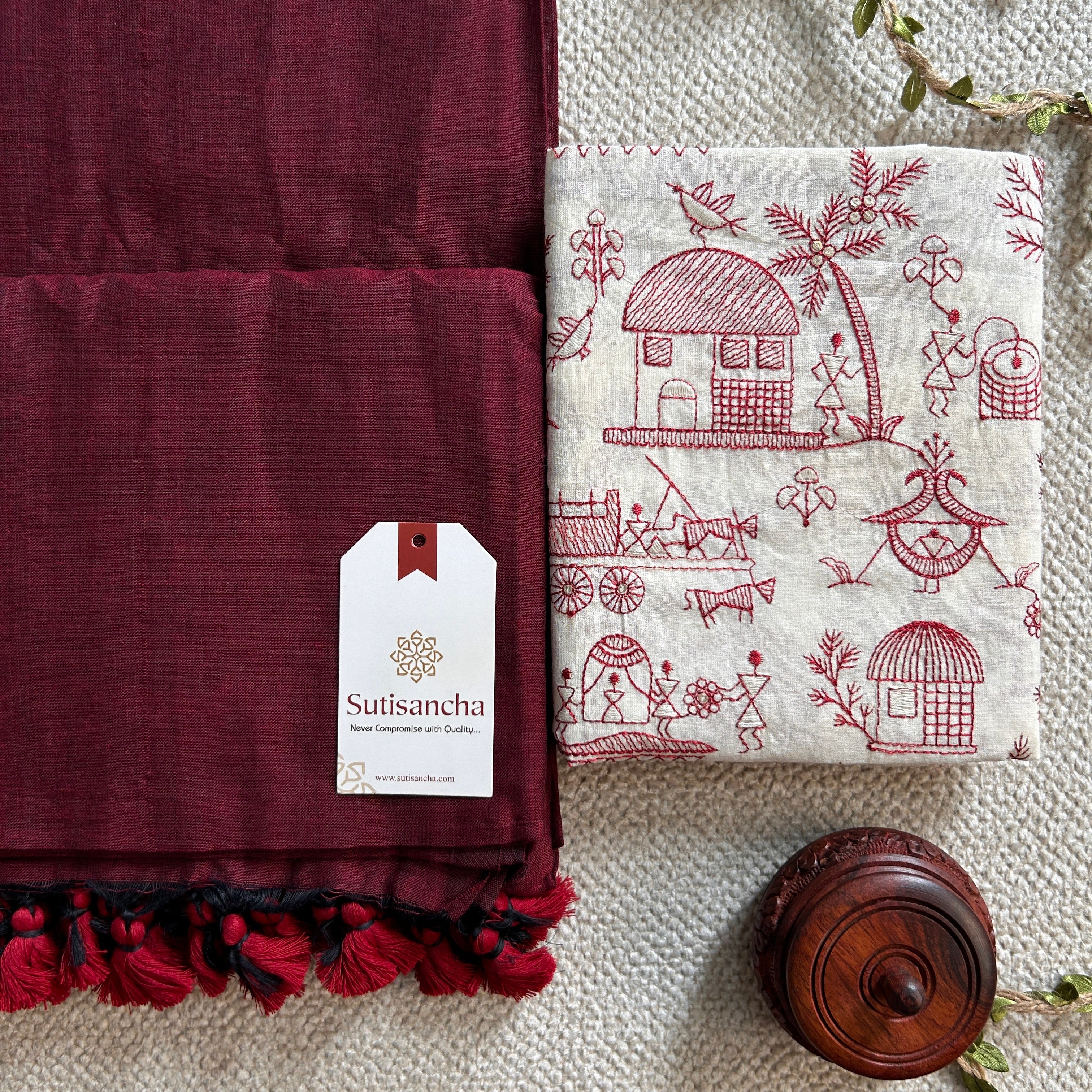 Sutisancha Maroon Handloom Cotton Saree with Designer Blouse
