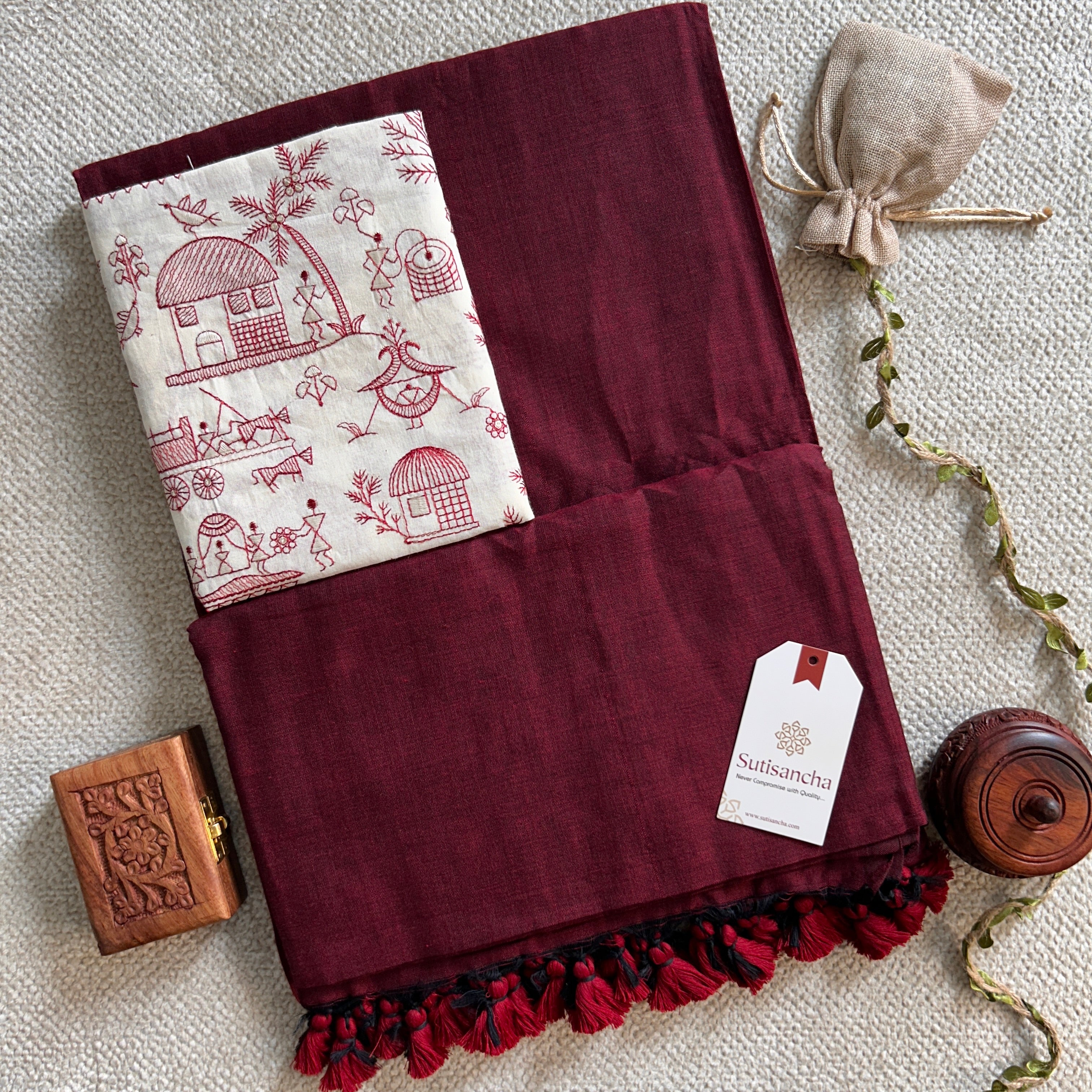 Sutisancha Maroon Handloom Cotton Saree with Designer Blouse